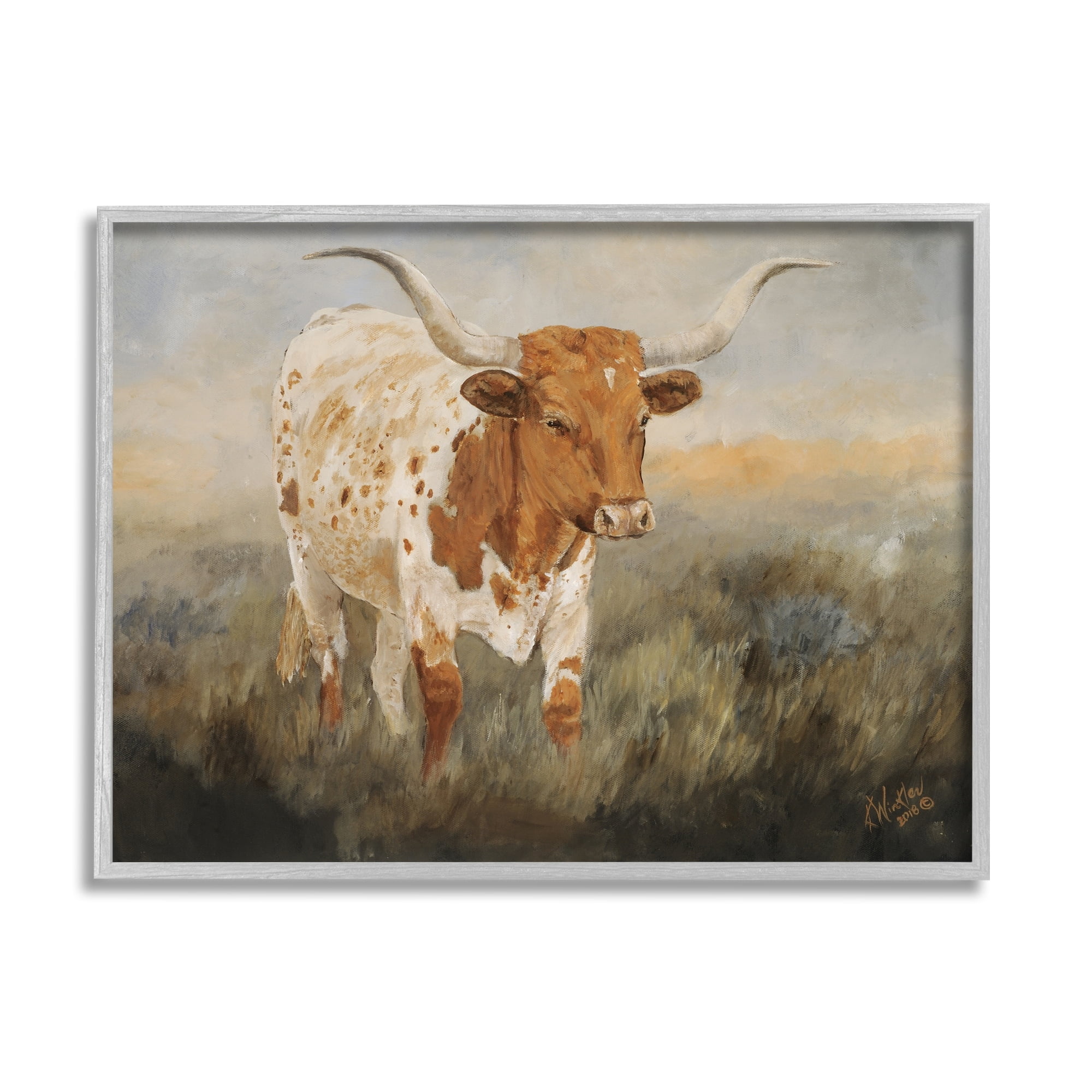 Stupell Industries Longhorn Cattle Grazing Animals & Insects Painting Gray Framed Art Print Wall Art