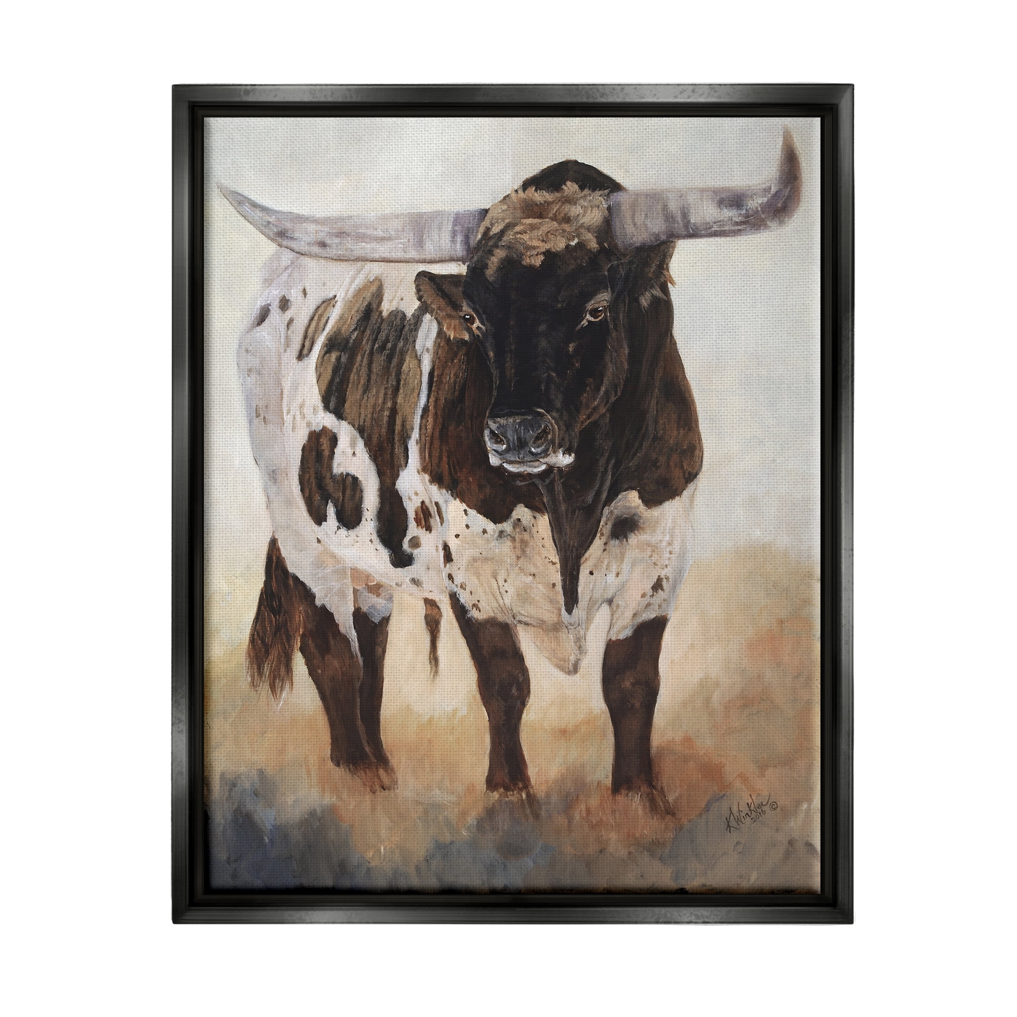 Stupell Industries Longhorn Cattle Painting Animals & Insects Painting Black Floater Framed Art Print Wall Art, 25 x 31
