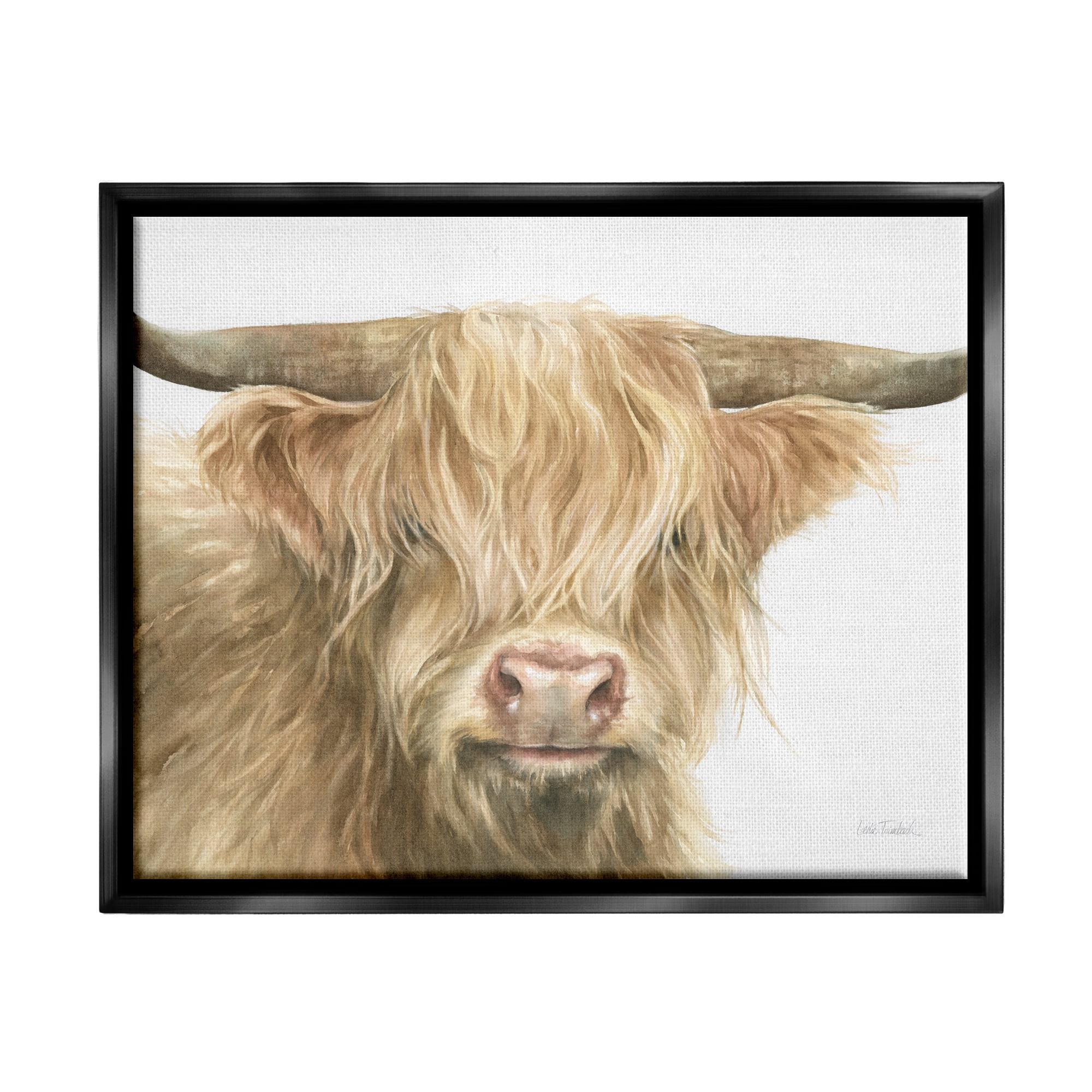 Stupell Industries Longhorn Cattle Painting Animals & Insects Painting Black Floater Framed Canvas Art Print Wall Art, 21 x 17