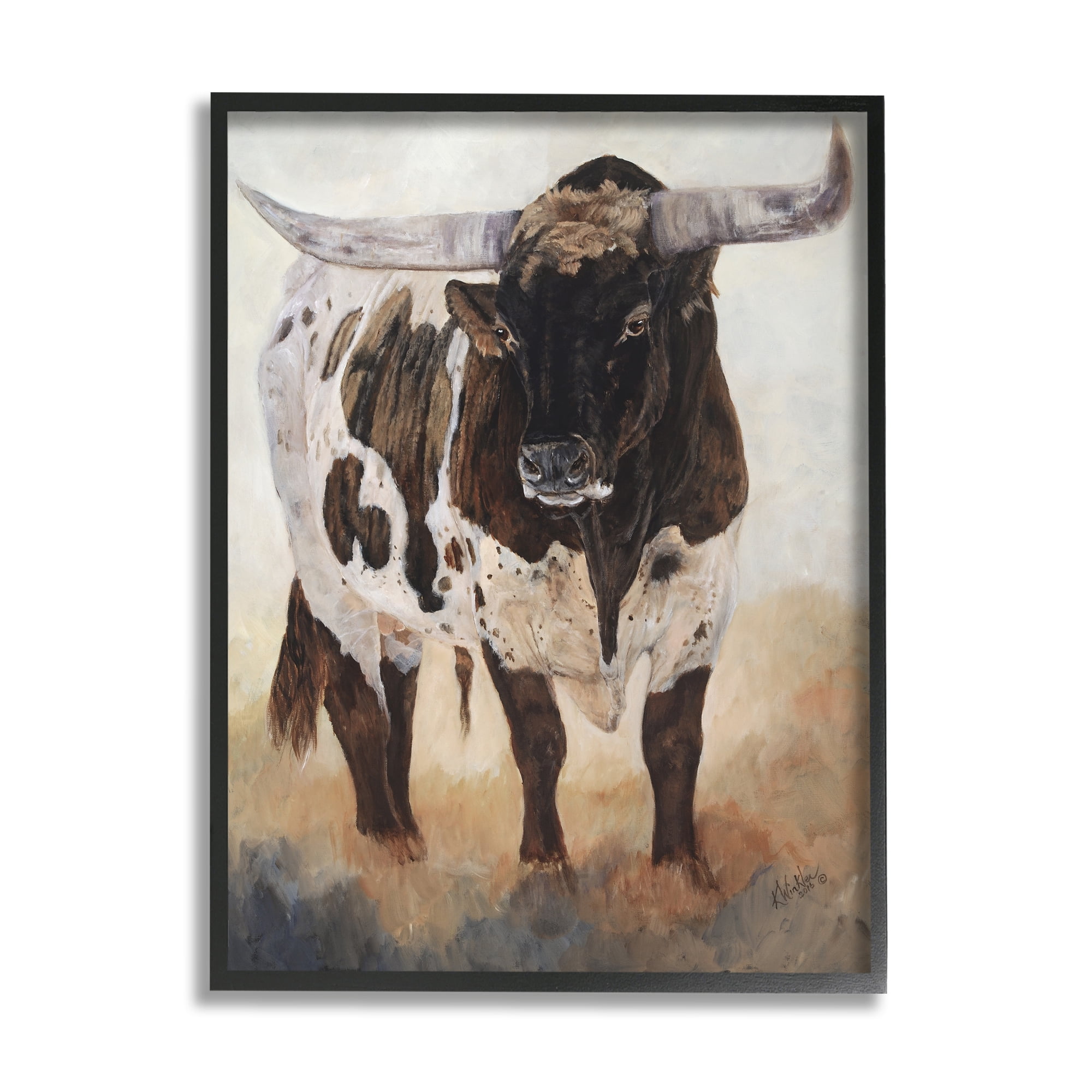 Stupell Industries Longhorn Cattle Painting Animals & Insects Painting Black Framed Art Print Wall Art, 24 x 30
