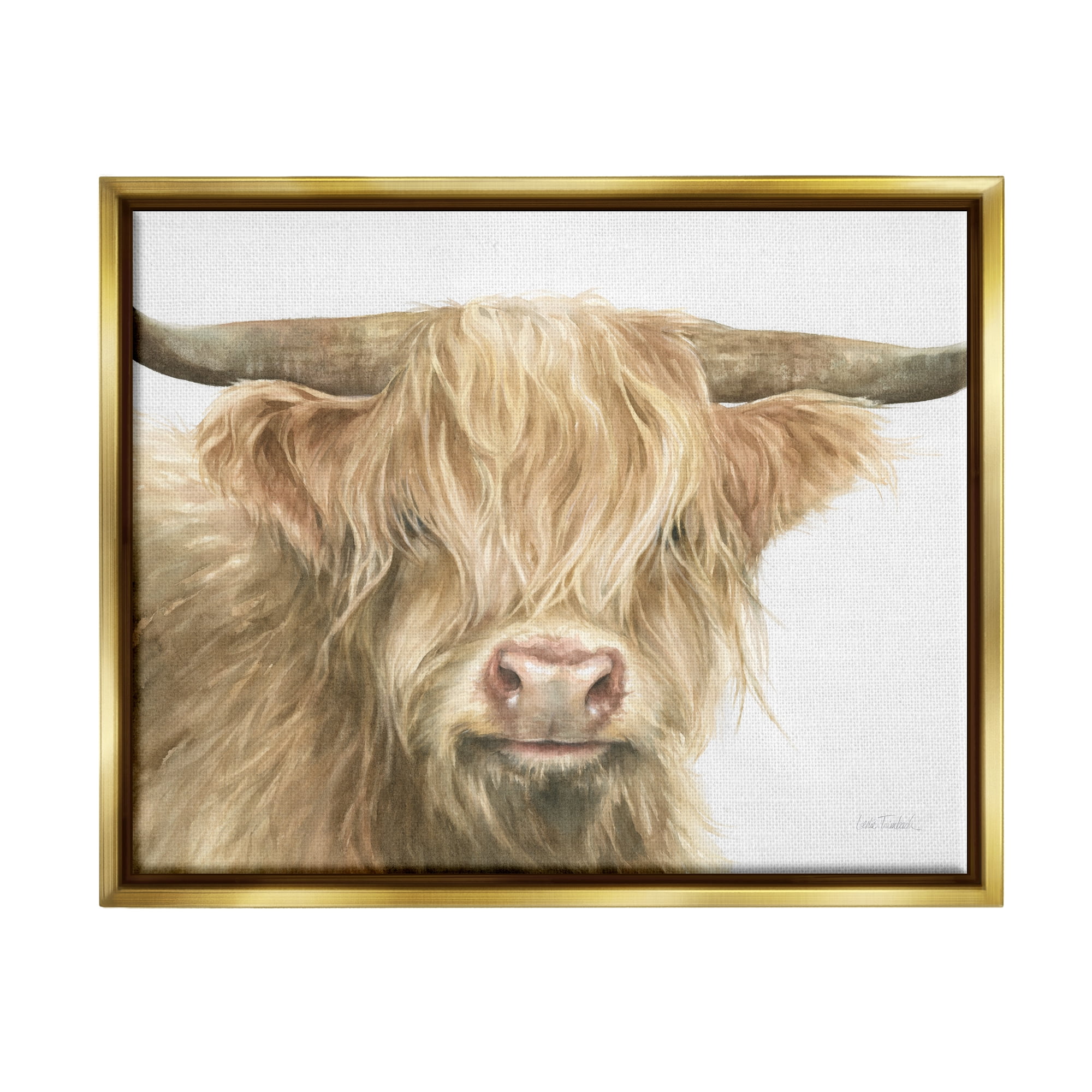 Stupell Industries Longhorn Cattle Painting Animals & Insects Painting Gold Floater Framed Canvas Art Print Wall Art, 21 x 17