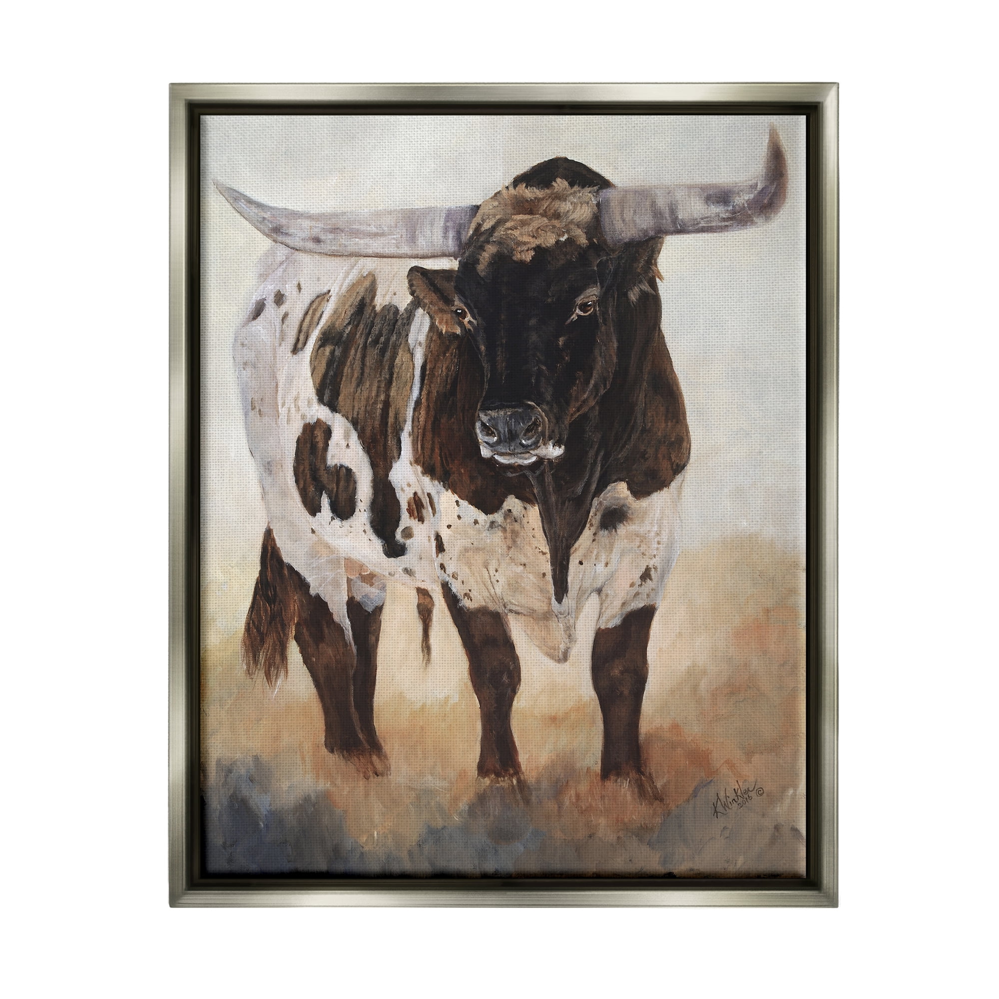 Stupell Industries Longhorn Cattle Painting Animals & Insects Painting Gray Floater Framed Art Print Wall Art, 25 x 31