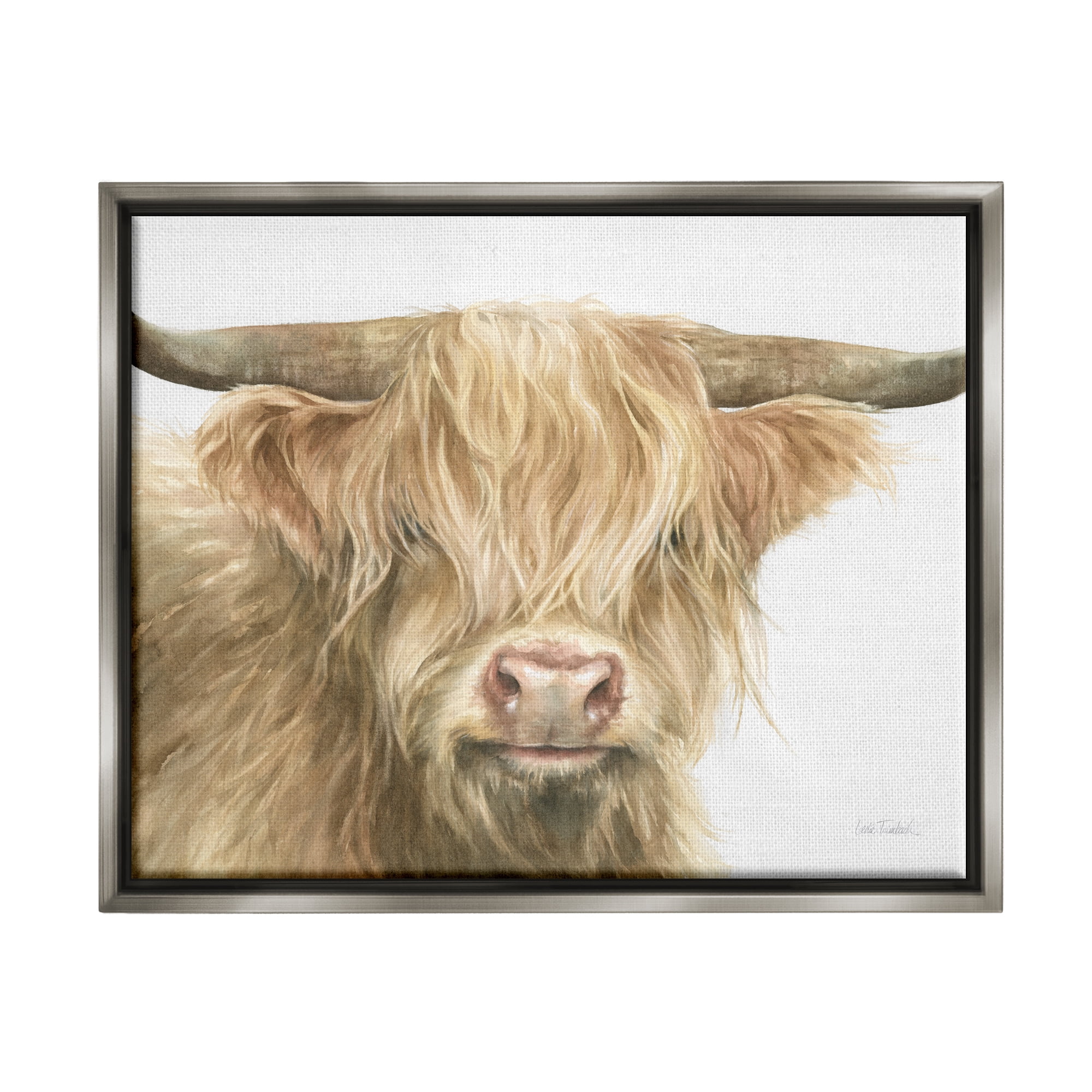 Stupell Industries Longhorn Cattle Painting Animals & Insects Painting Gray Floater Framed Canvas Art Print Wall Art, 31 x 25