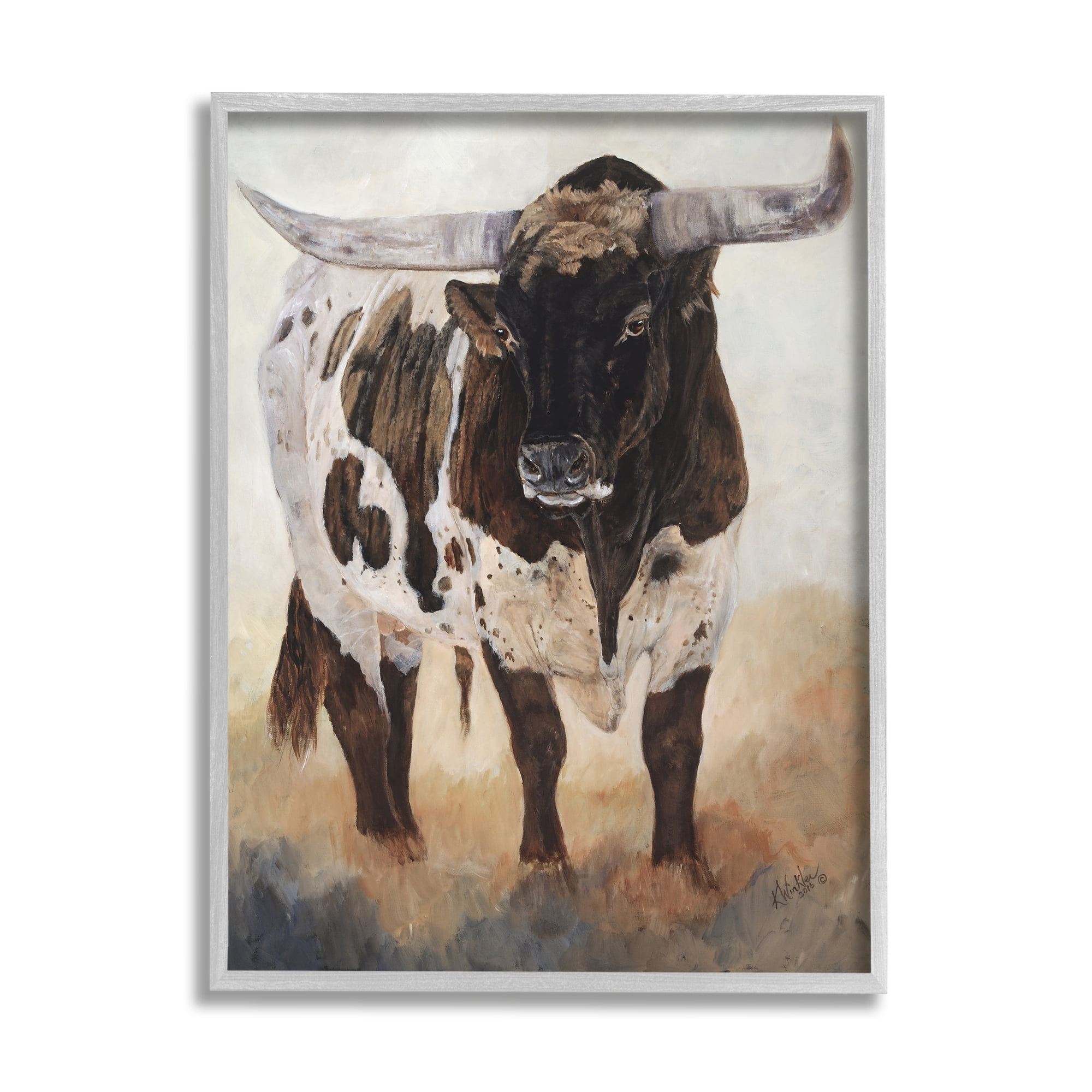 Stupell Industries Longhorn Cattle Painting Animals & Insects Painting Gray Framed Art Print Wall Art, 24 x 30