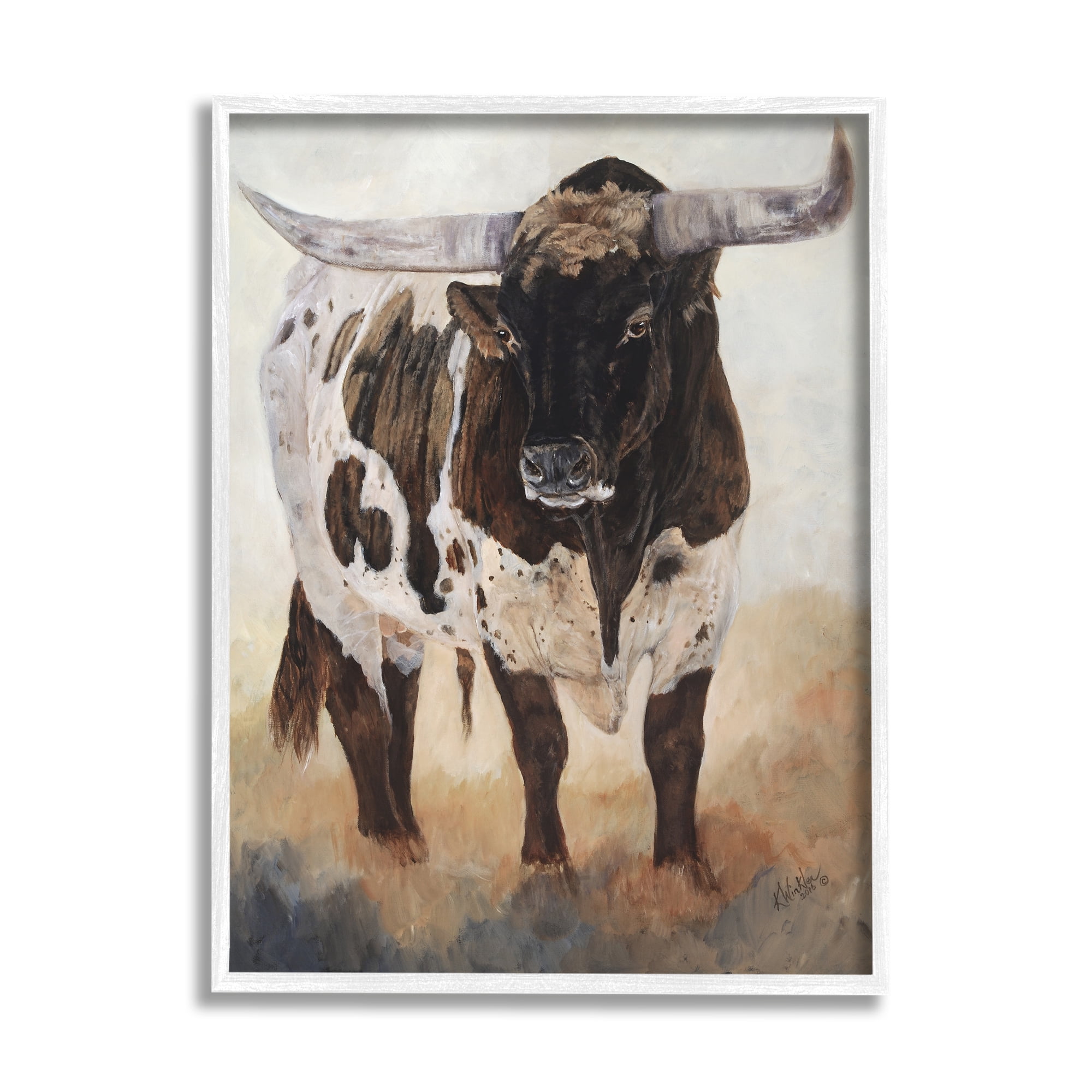 Stupell Industries Longhorn Cattle Painting Animals & Insects Painting White Framed Art Print Wall Art, 11 x 14