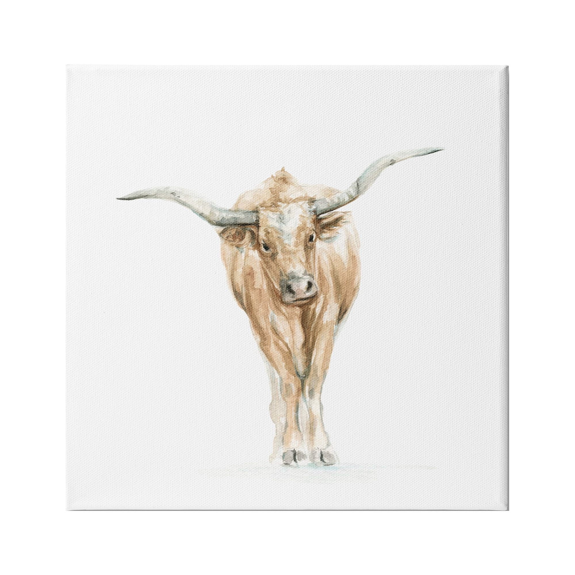 Stupell Industries Longhorn Cattle Watercolor Portrait Children's Wild Animal, 17 x 17,Design by Fox Hollow Studios