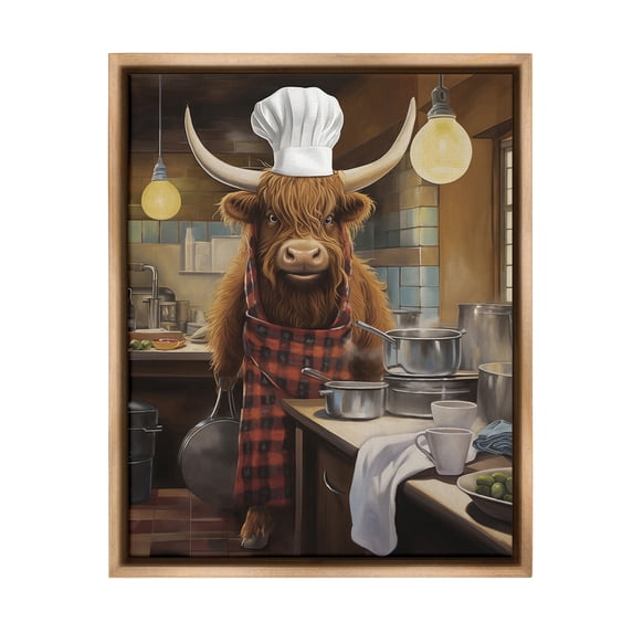 Stupell Industries Longhorn Chef in Kitchen Animals & Insects Painting Brown Floater Framed Canvas Art Print Wall Art, 25 x 31