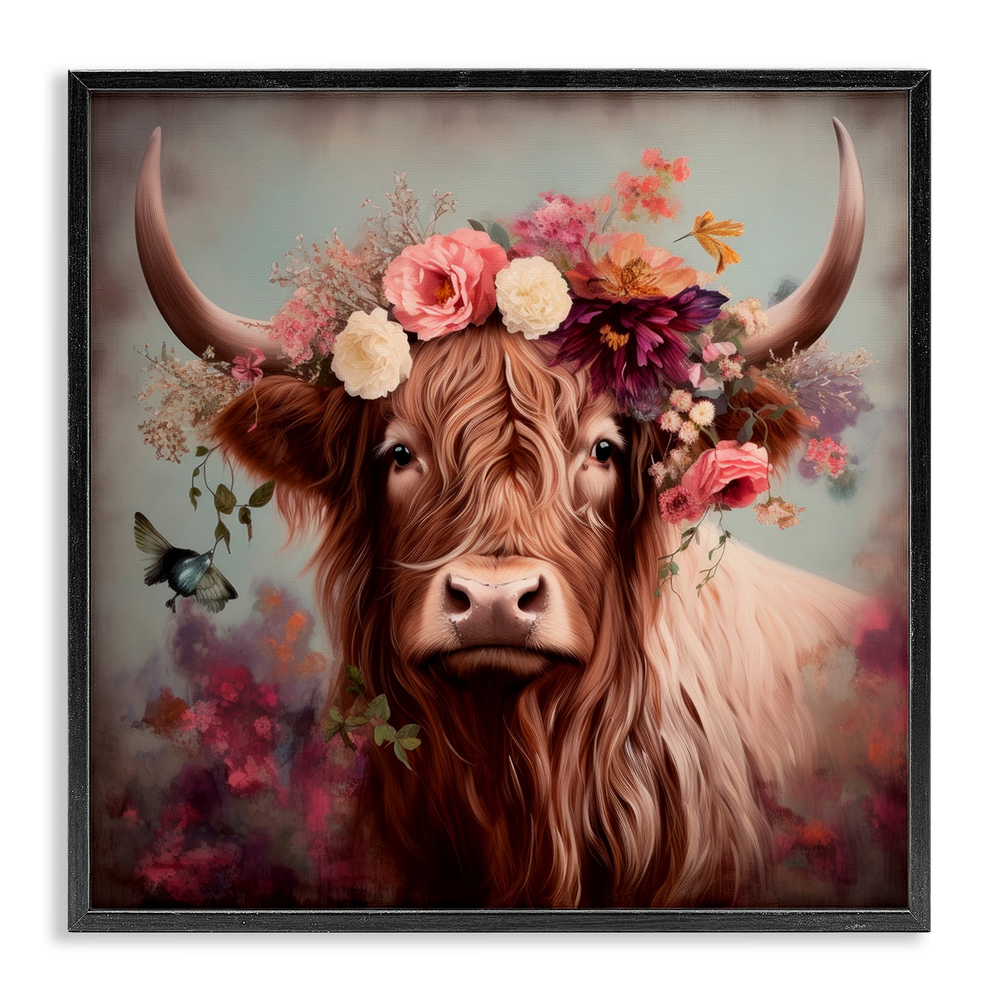 Stupell Industries Longhorn & Flower Garland Animals & Insects Painting Black Framed Art Print Wall Art, 17 x 17