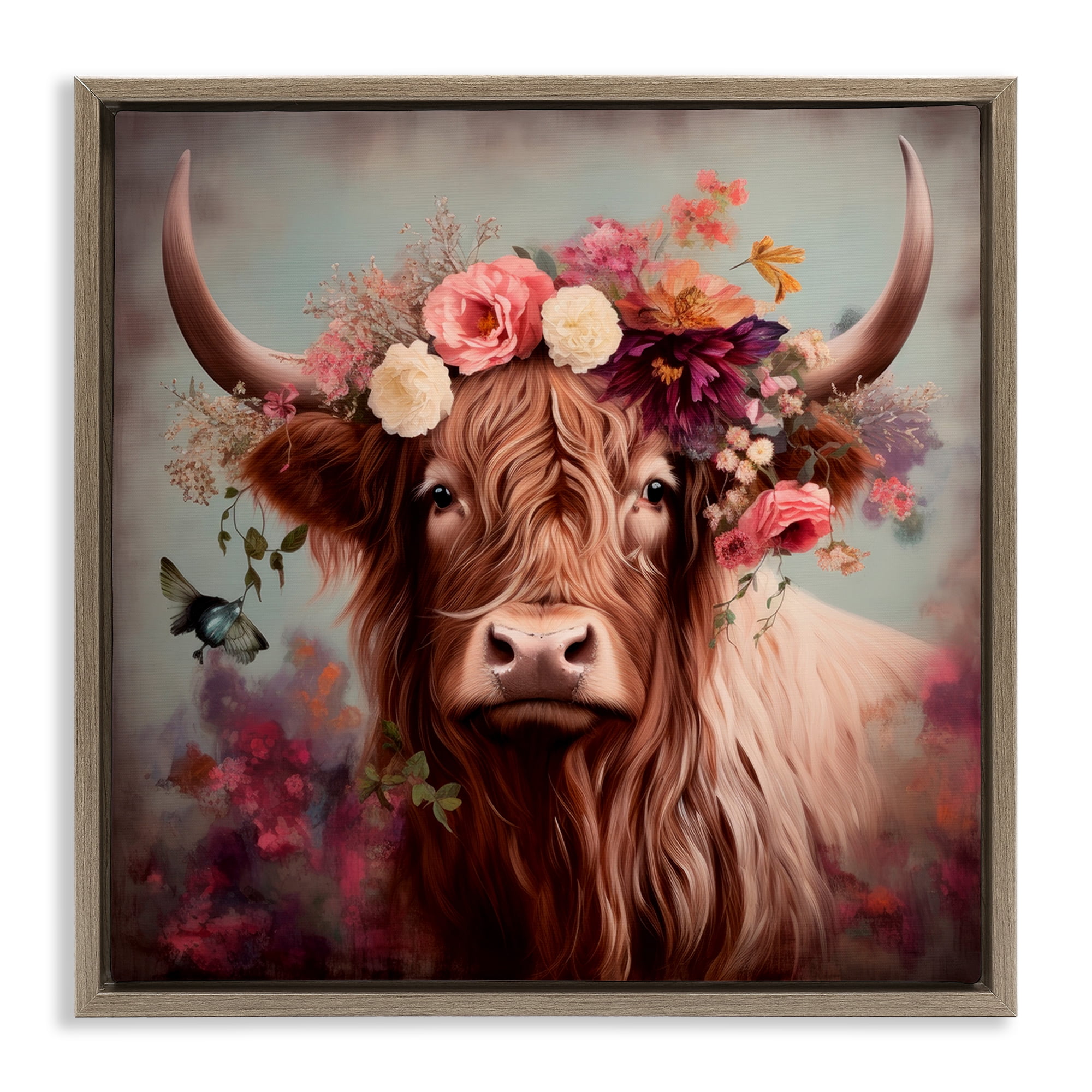Stupell Industries Longhorn & Flower Garland Animals & Insects Painting Brown Floater Framed Canvas Art Print Wall Art, 25 x 25