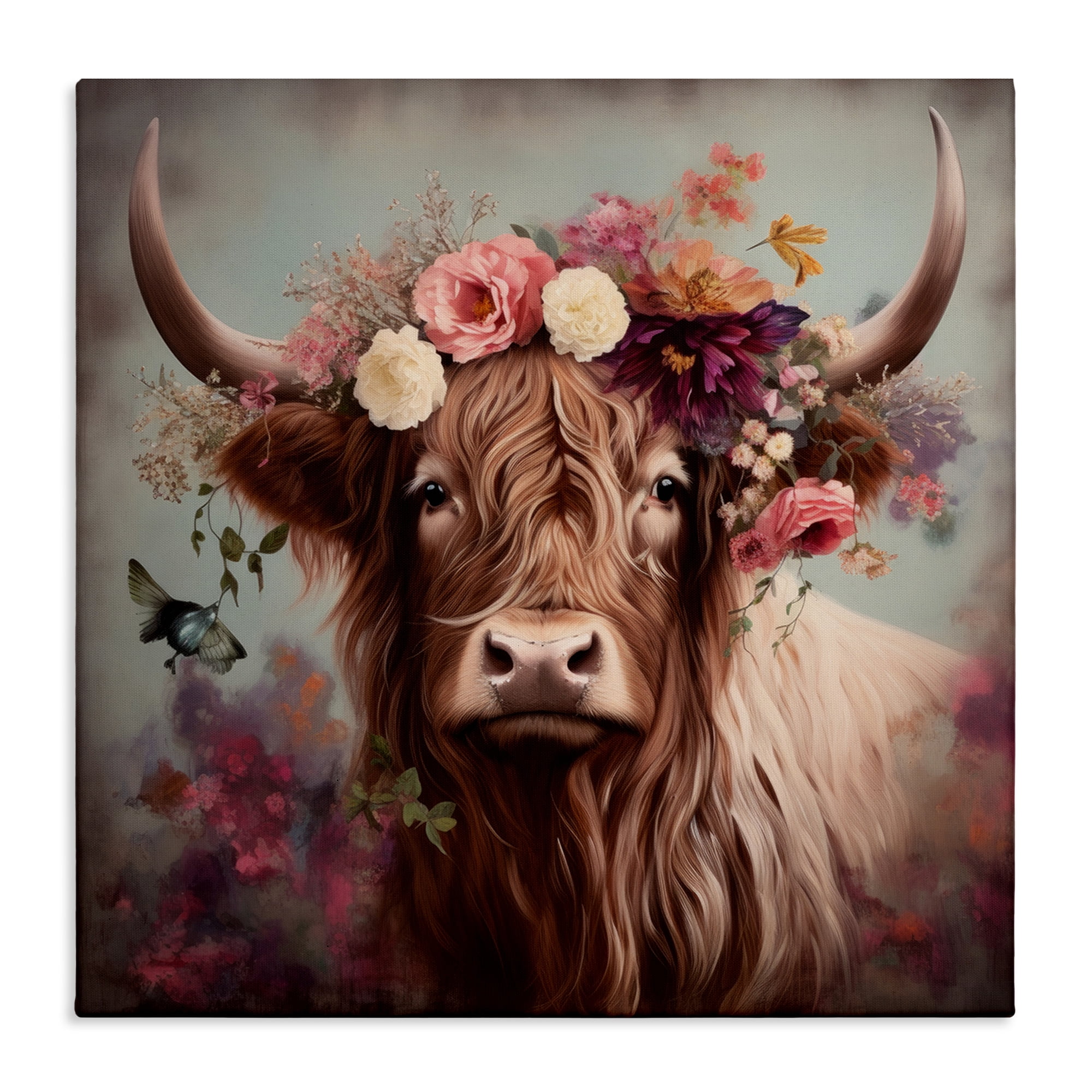 Stupell Industries Longhorn & Flower Garland Animals & Insects Painting Gallery Wrapped Canvas Art Print Wall Art, 24 x 24