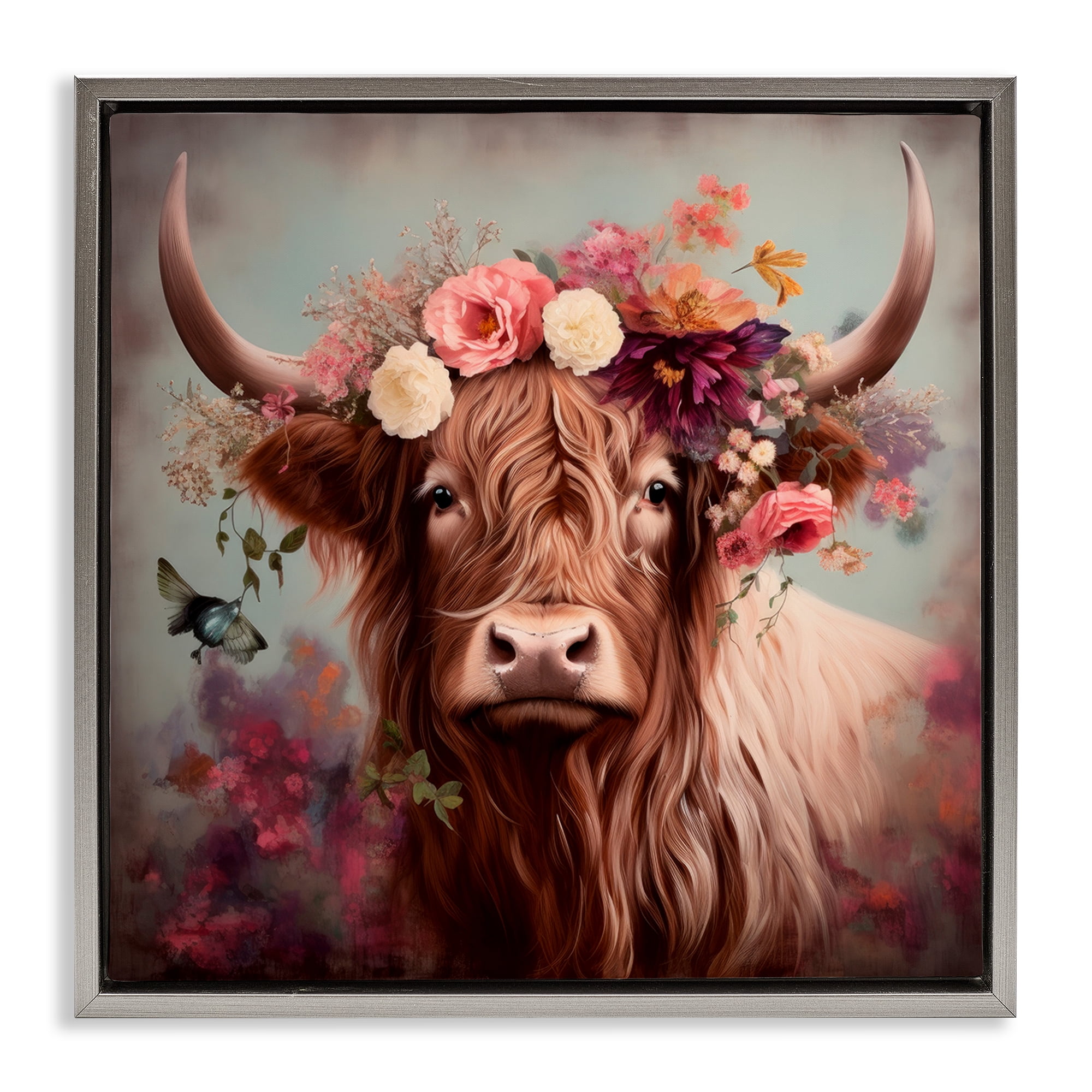 Stupell Industries Longhorn & Flower Garland Animals & Insects Painting Gray Floater Framed Canvas Art Print Wall Art, 18 x 18