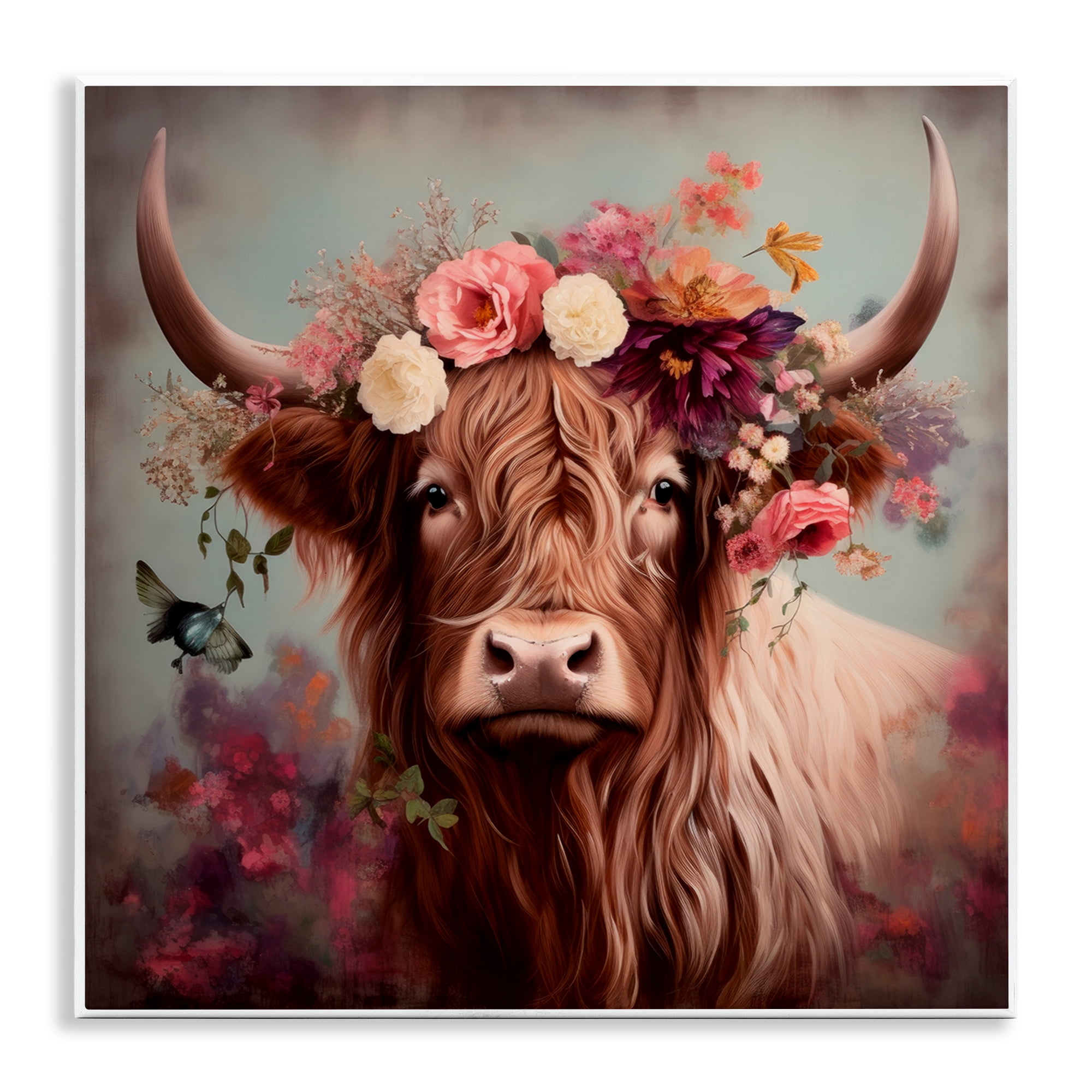 Stupell Industries Longhorn & Flower Garland Animals & Insects Painting Unframed Art Print Wall Art, 12 x 12