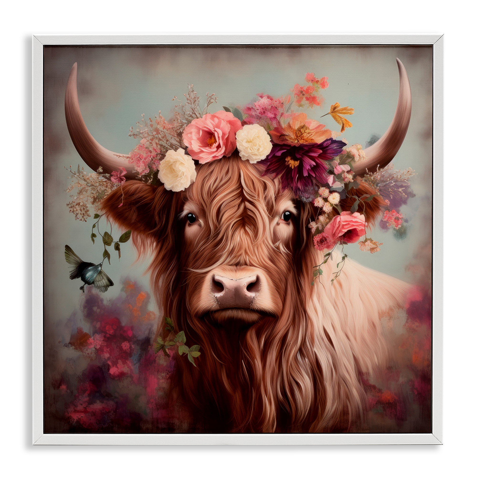 Stupell Industries Longhorn & Flower Garland Animals & Insects Painting White Framed Art Print Wall Art, 24 x 24