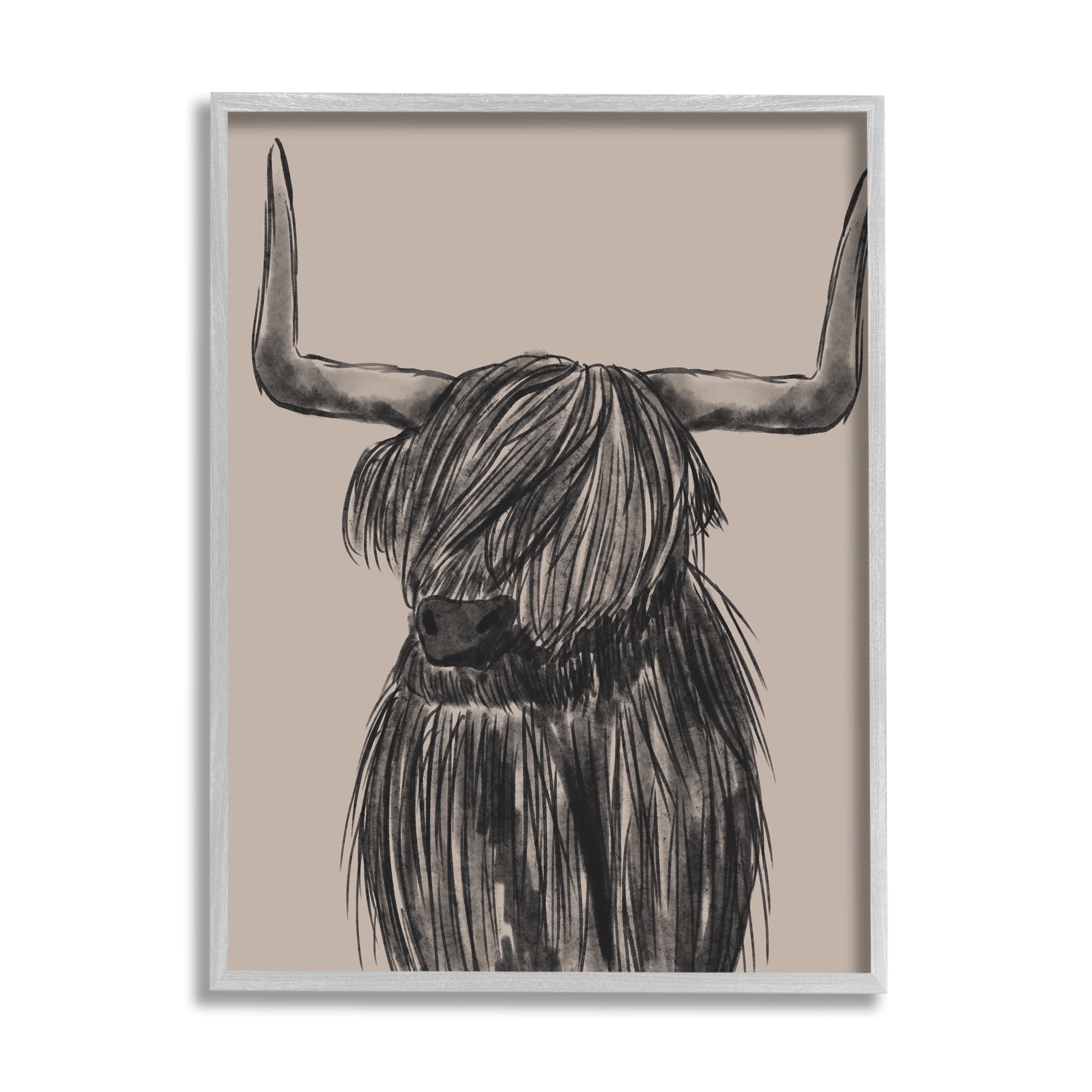 Stupell Industries Longhorn Highland Cattle Charcoal Line Drawing Portrait Drawing Print Gray Framed Art Print Wall Art, Design by Lisa Whitebutton