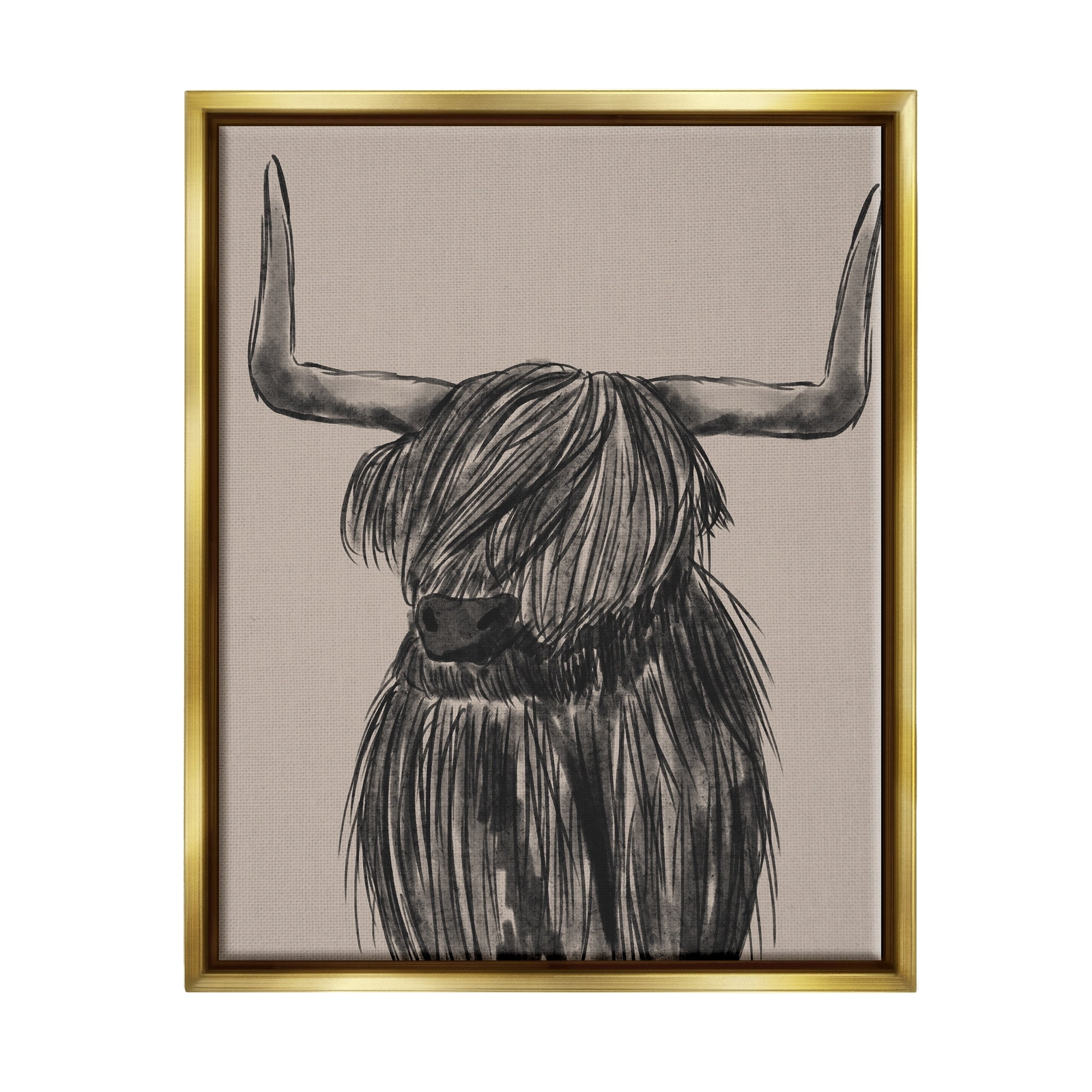 Stupell Industries Longhorn Highland Cattle Charcoal Line Drawing Portrait Drawing Print Metallic Gold Floating Framed Canvas Print Wall Art, Design by Lisa Whitebutton