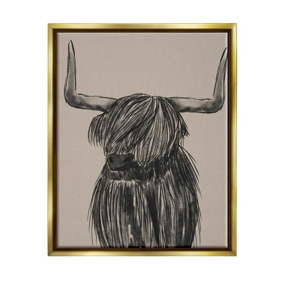 Stupell Industries Longhorn Highland Cattle Charcoal Line Drawing Portrait Drawing Print Metallic Gold Floating Framed Canvas Print Wall Art, Design by Lisa Whitebutton
