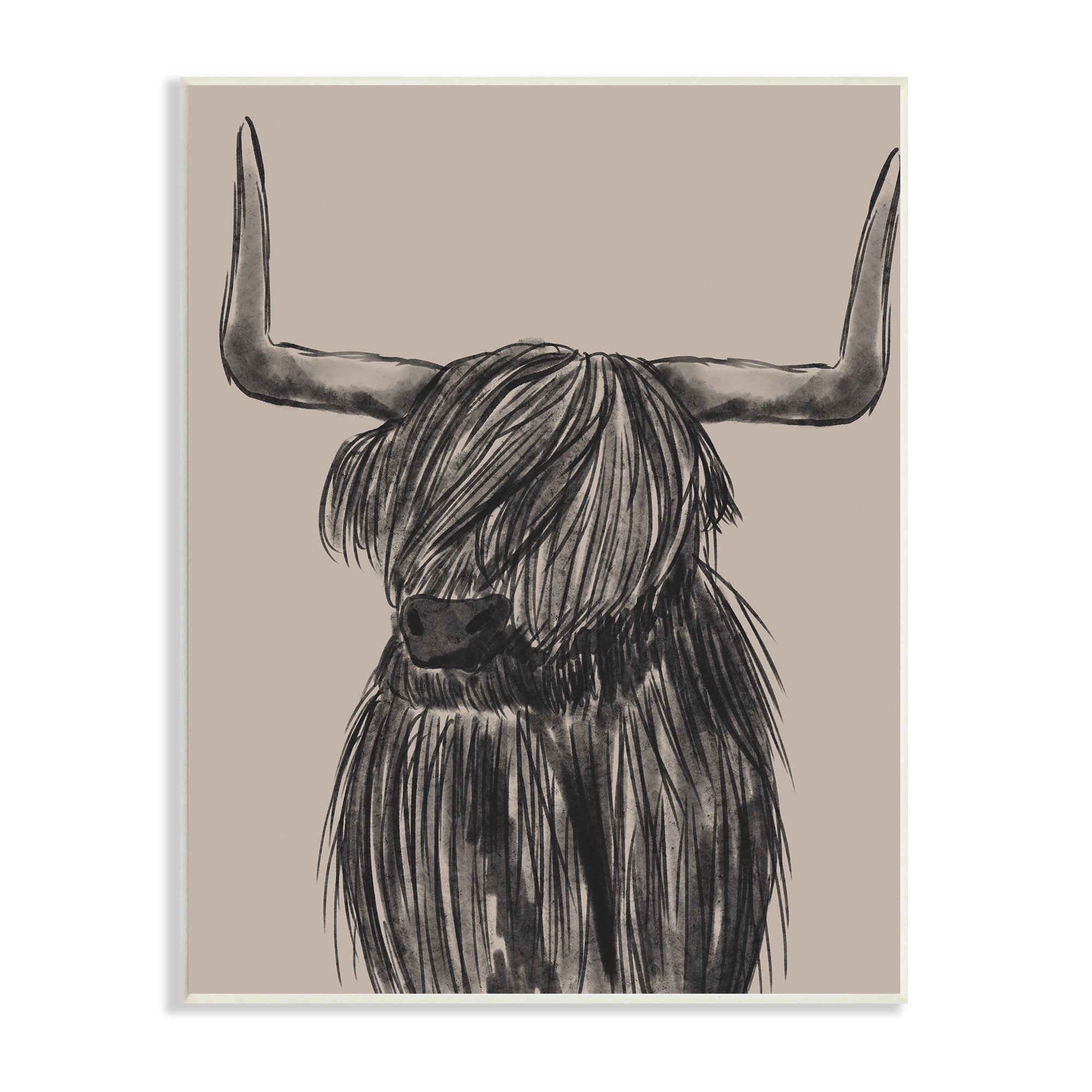 Stupell Industries Longhorn Highland Cattle Charcoal Line Drawing Portrait Drawing Print Unframed Art Print Wall Art, Design by Lisa Whitebutton