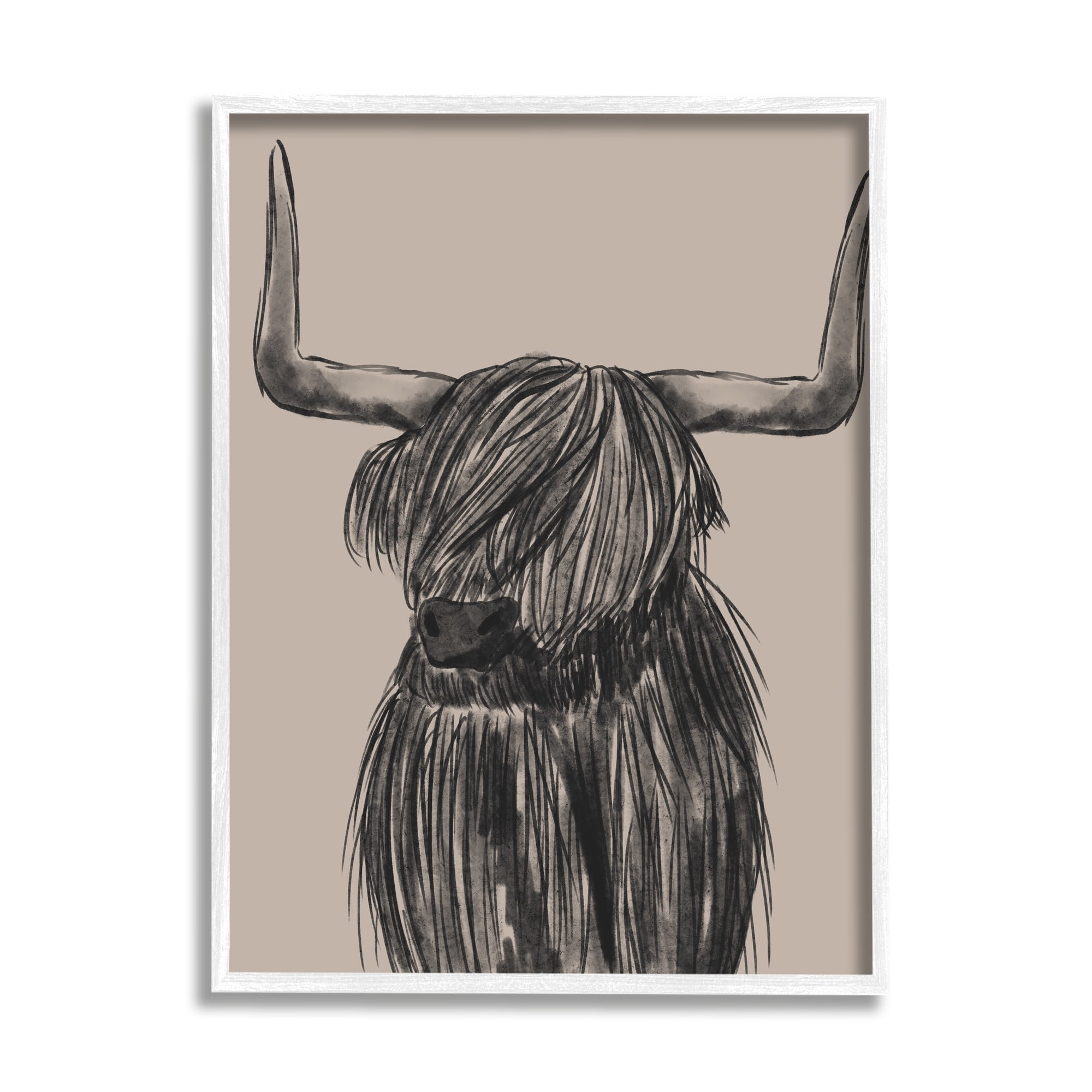 Stupell Industries Longhorn Highland Cattle Charcoal Line Drawing Portrait Drawing Print White Framed Art Print Wall Art, Design by Lisa Whitebutton