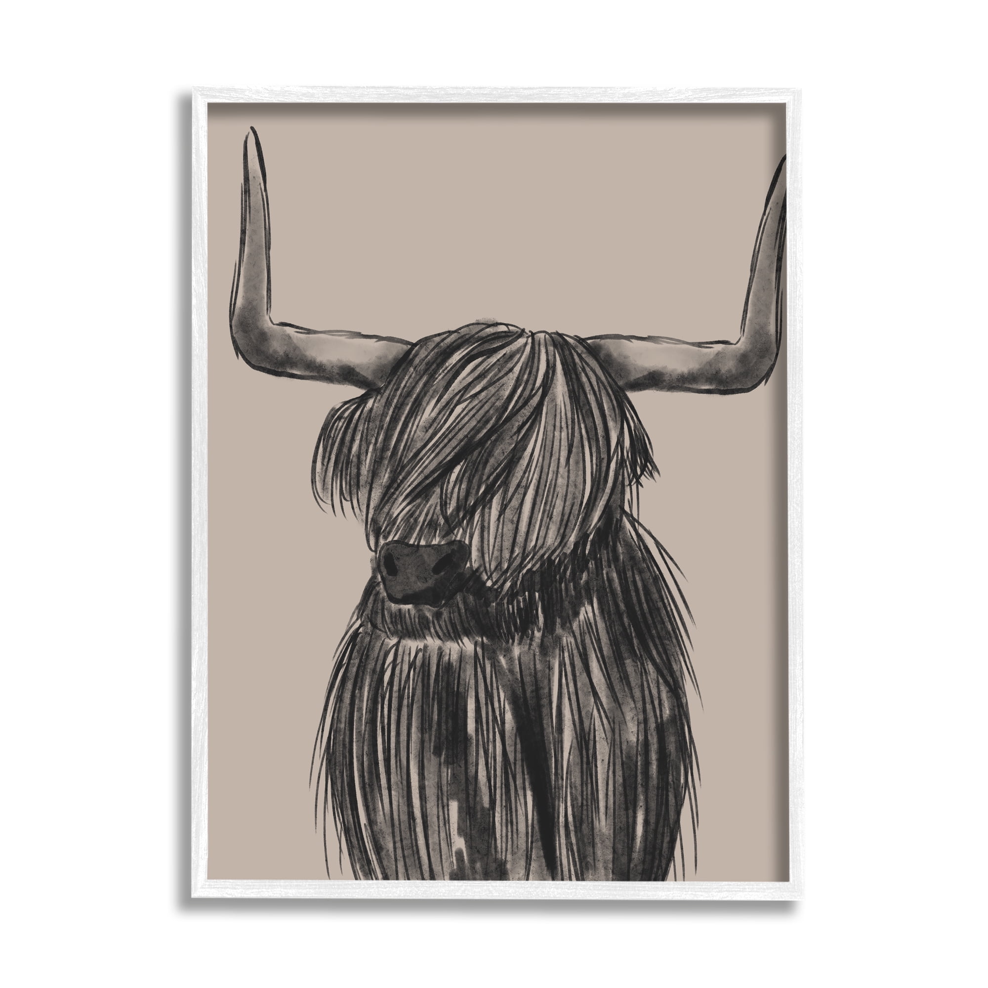 Stupell Industries Longhorn Highland Cattle Charcoal Line Drawing Portrait Drawing Print White Framed Art Print Wall Art, Design by Lisa Whitebutton