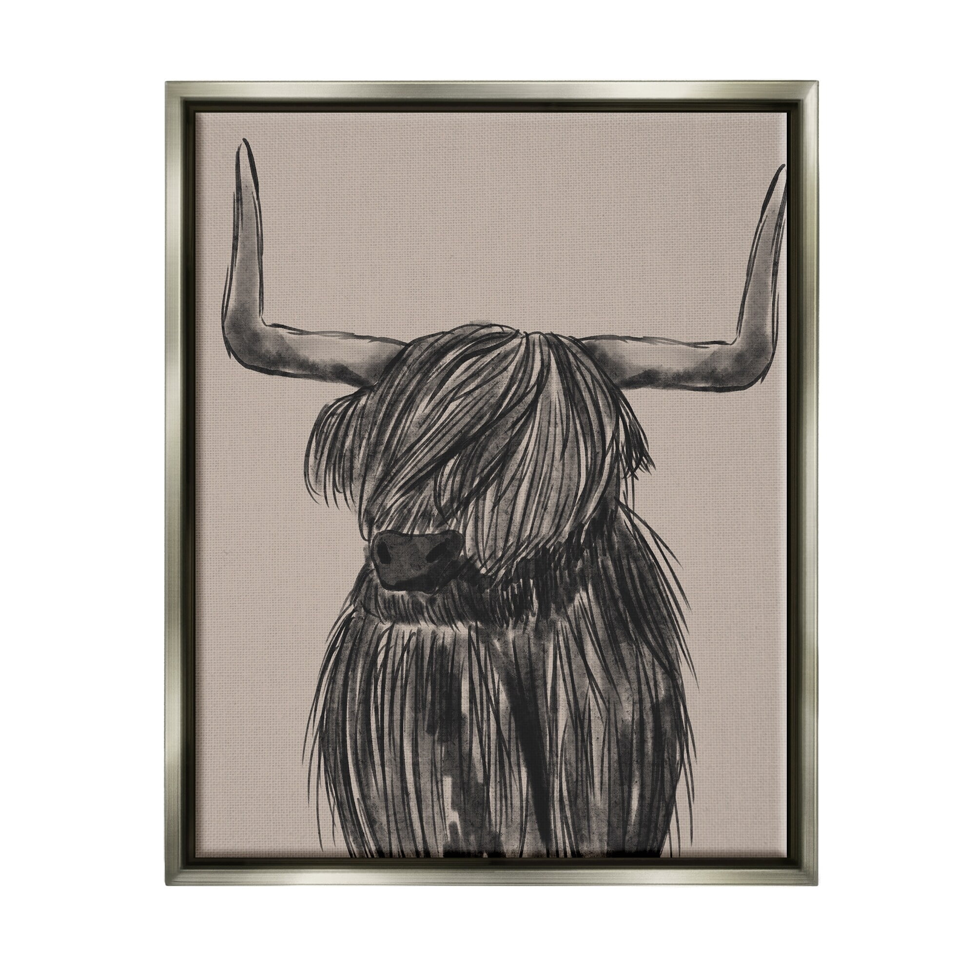 Stupell Industries Longhorn Highland Cattle Charcoal Line Drawing Portrait Drawing Print Luster Gray Floating Framed Canvas Print Wall Art, Design by Lisa Whitebutton