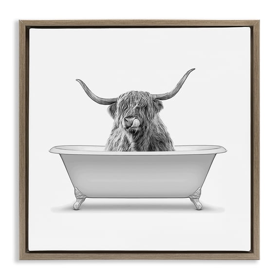 Stupell Industries Cottage Longhorn Highland Cow Bath Tub Brown Floating Frame Canvas Art, 18 x 18, by Annalisa Latella