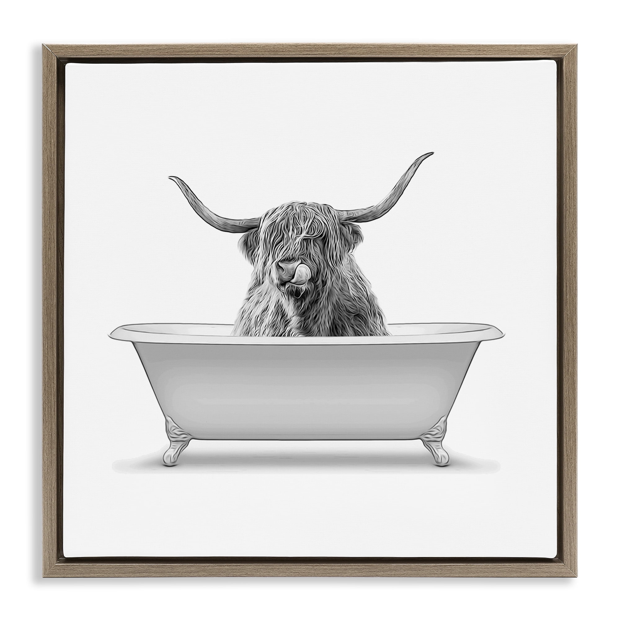 Stupell Industries Longhorn Highland Cow Bath Tub Animals & Insects Painting Brown Floater Framed Canvas Art Print Wall Art, 25 x 25