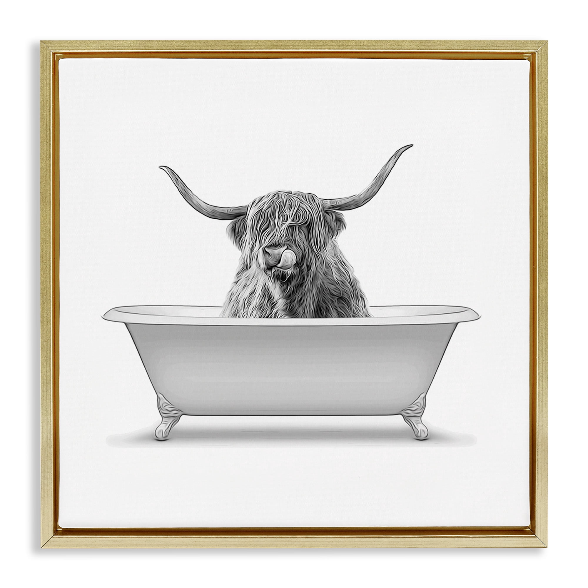 Stupell Industries Longhorn Highland Cow Bath Tub Animals & Insects Painting Gold Floater Framed Canvas Art Print Wall Art, 18 x 18