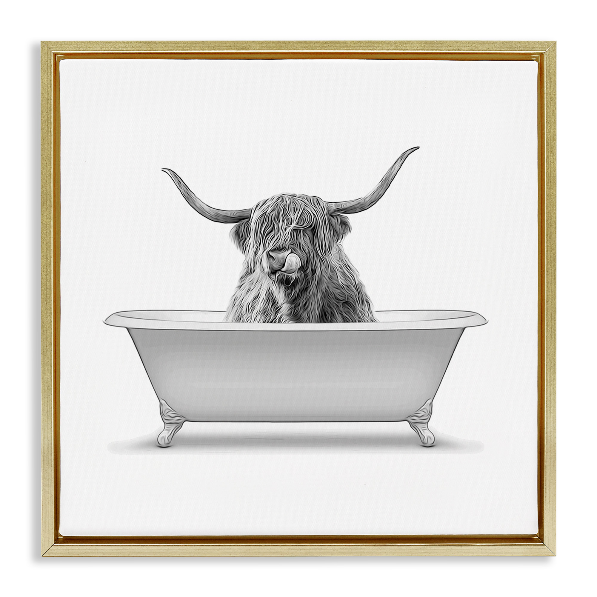Stupell Industries Longhorn Highland Cow Bath Tub Animals & Insects Painting Gold Floater Framed Canvas Art Print Wall Art, 25 x 25