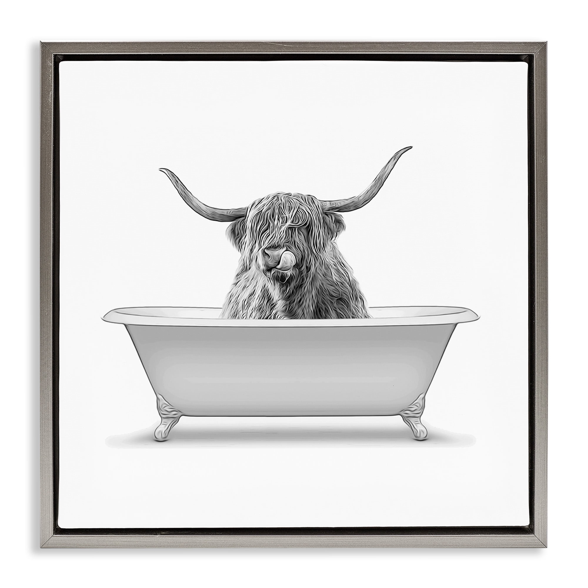 Stupell Industries Longhorn Highland Cow Bath Tub Animals & Insects Painting Gray Floater Framed Canvas Art Print Wall Art, 18 x 18