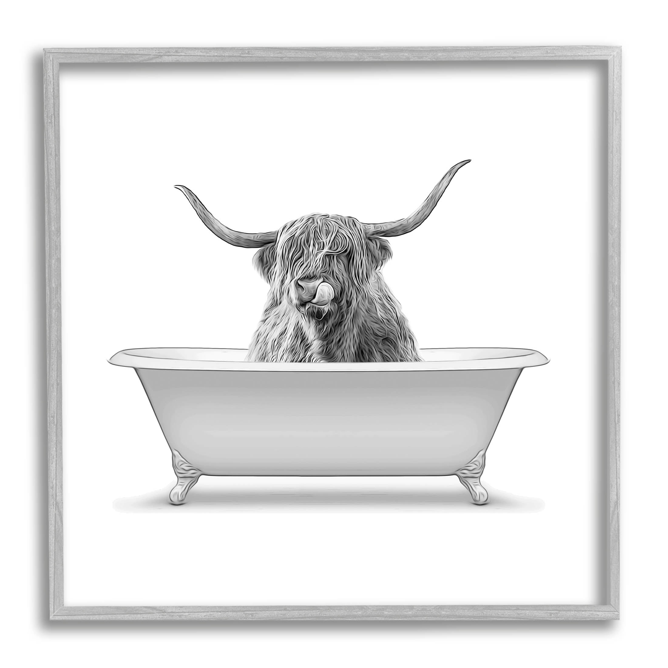 Gray Framed Longhorn Highland Cow in Bathtub Abstract Print