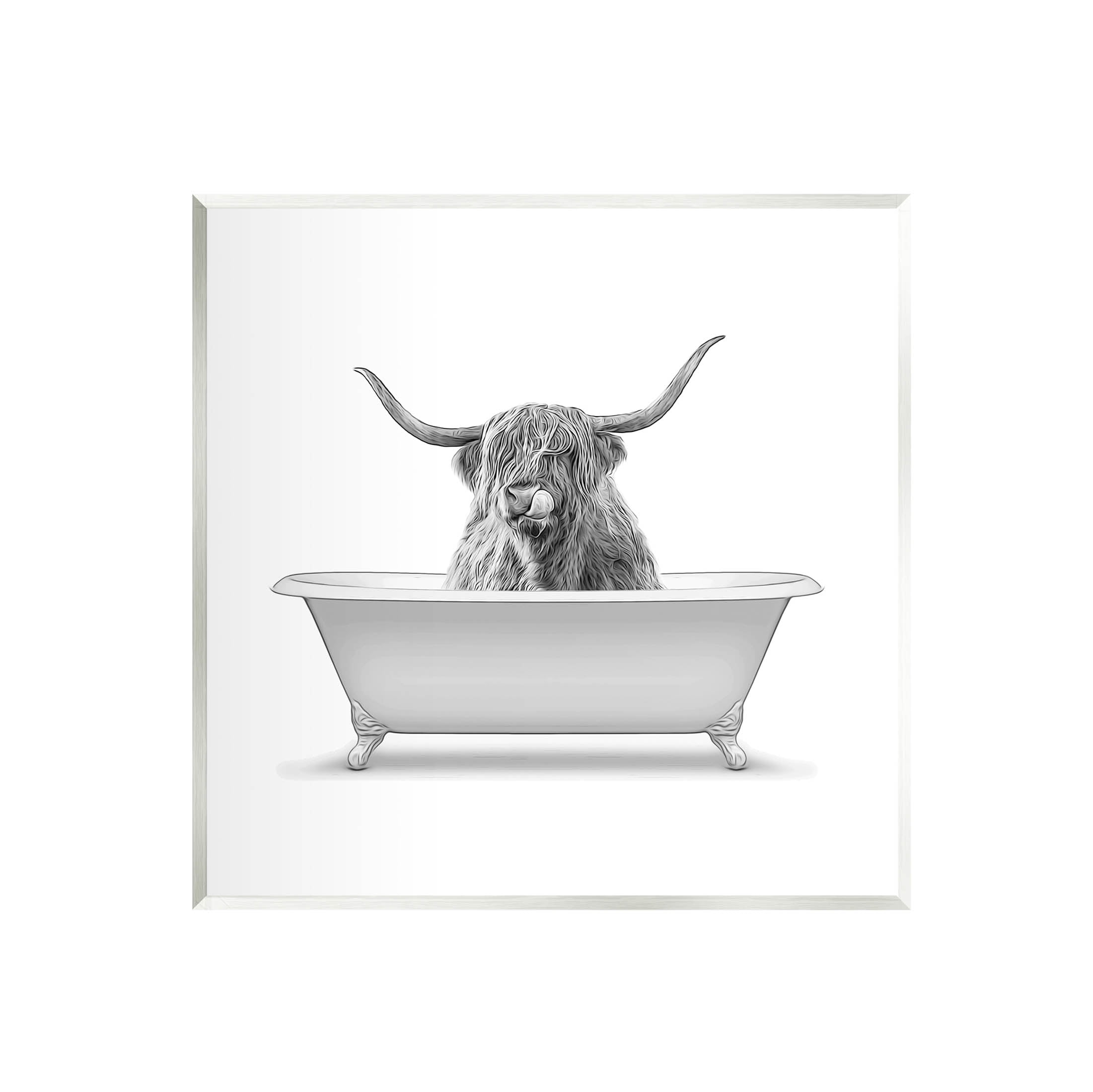 Highland Cow in Bathtub Black and White MDF Wall Art