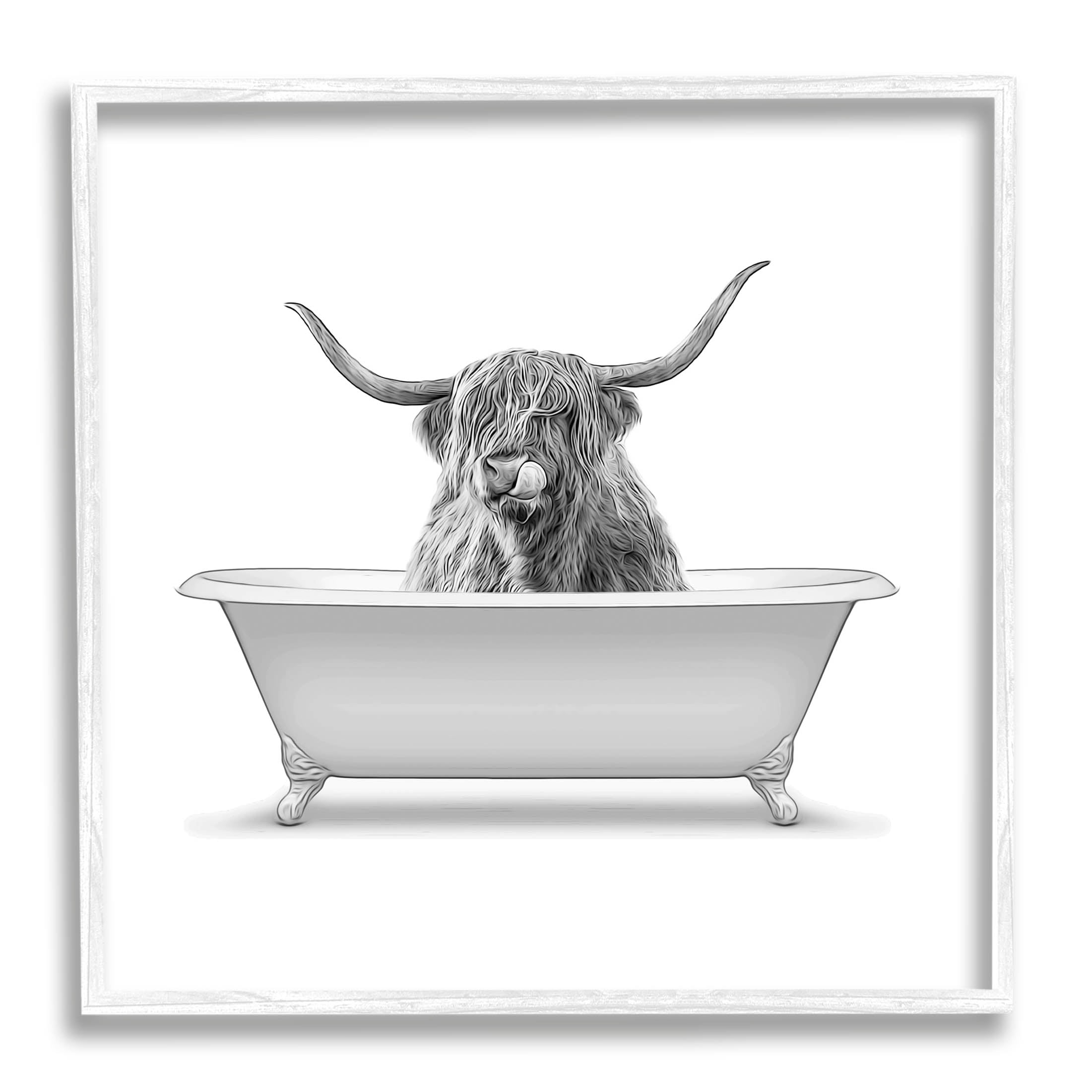 Highland Cow in Bathtub White Framed Giclee Print, 13 x 18