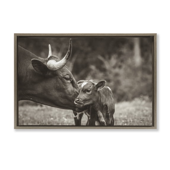 Stupell Industries Rustic Lodge Longhorn Kiss Photography Brown Floating Frame Canvas Art, 25 x 17, by Nathan Larson