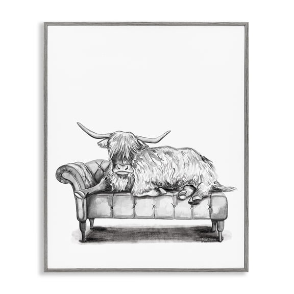 Stupell Industries Contemporary Longhorn Lounging on Couch Gray Framed Giclee Art, 24 x 30, by Rachel Nieman