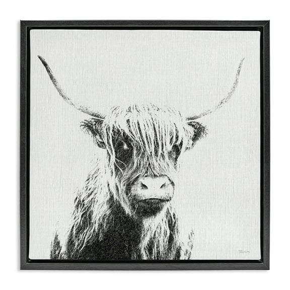 Stupell Industries Longhorn Sketch in Grey Animals Painting Black Floater Framed Canvas Art Print Wall Art, 18 x 18