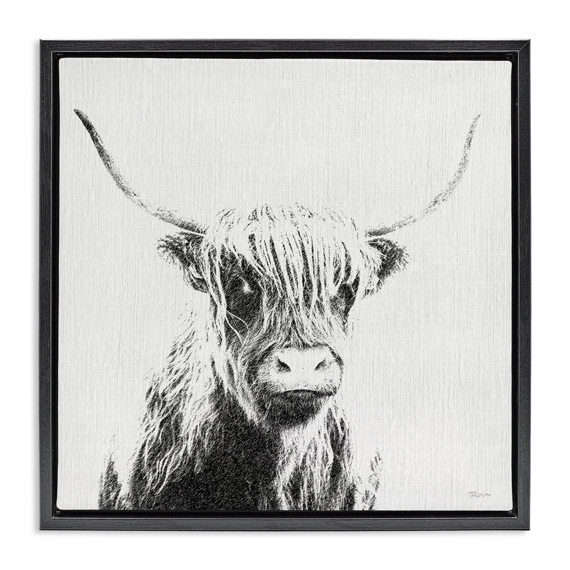 Stupell Industries Longhorn Sketch in Grey Animals Painting Black Floater Framed Canvas Art Print Wall Art, 25 x 25