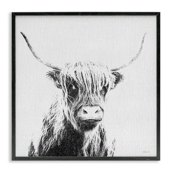 Stupell Industries Longhorn Sketch in Grey Animals Painting Black Framed Art Print Wall Art, 12 x 12