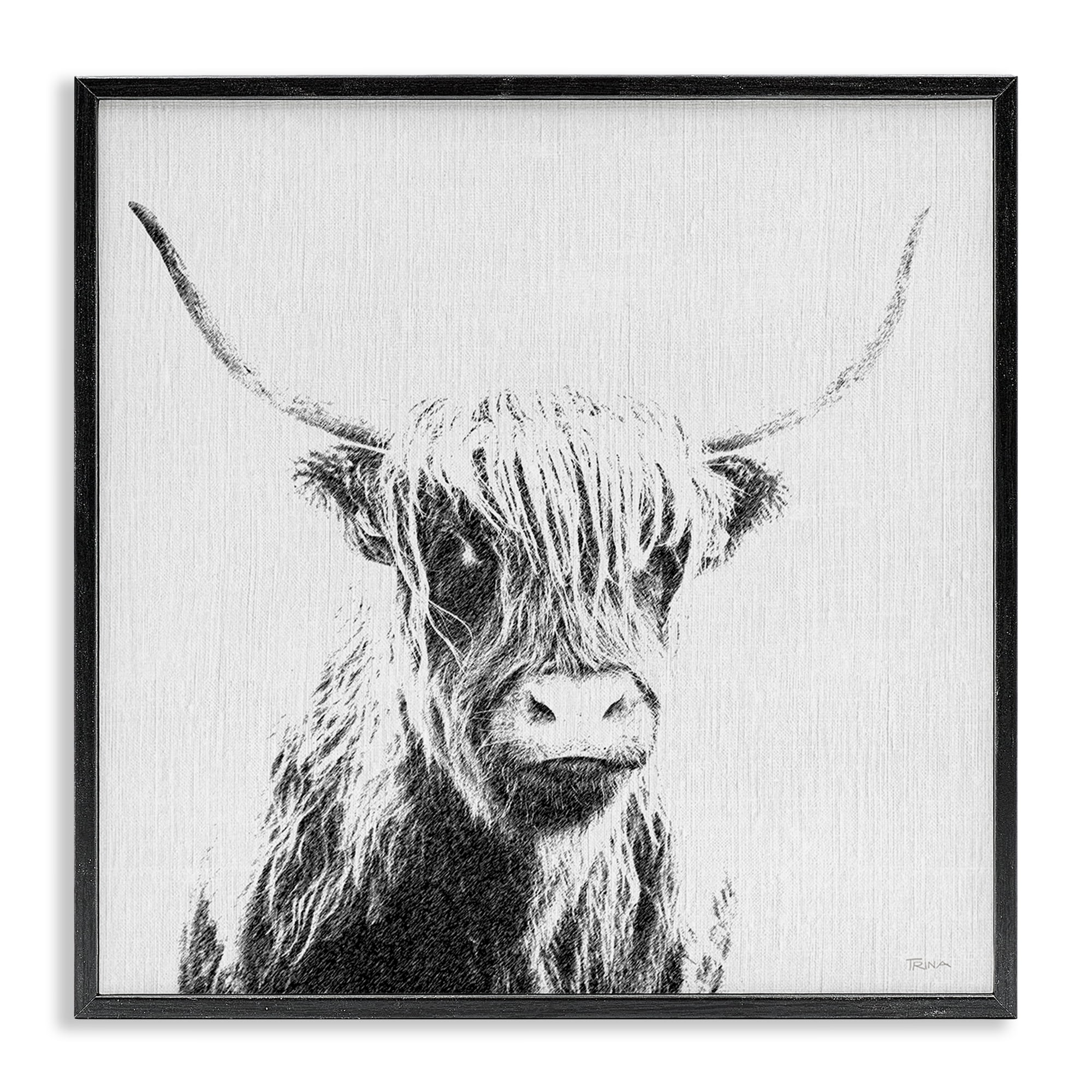 Stupell Industries Longhorn Sketch in Grey Animals Painting Black Framed Art Print Wall Art, 24 x 24