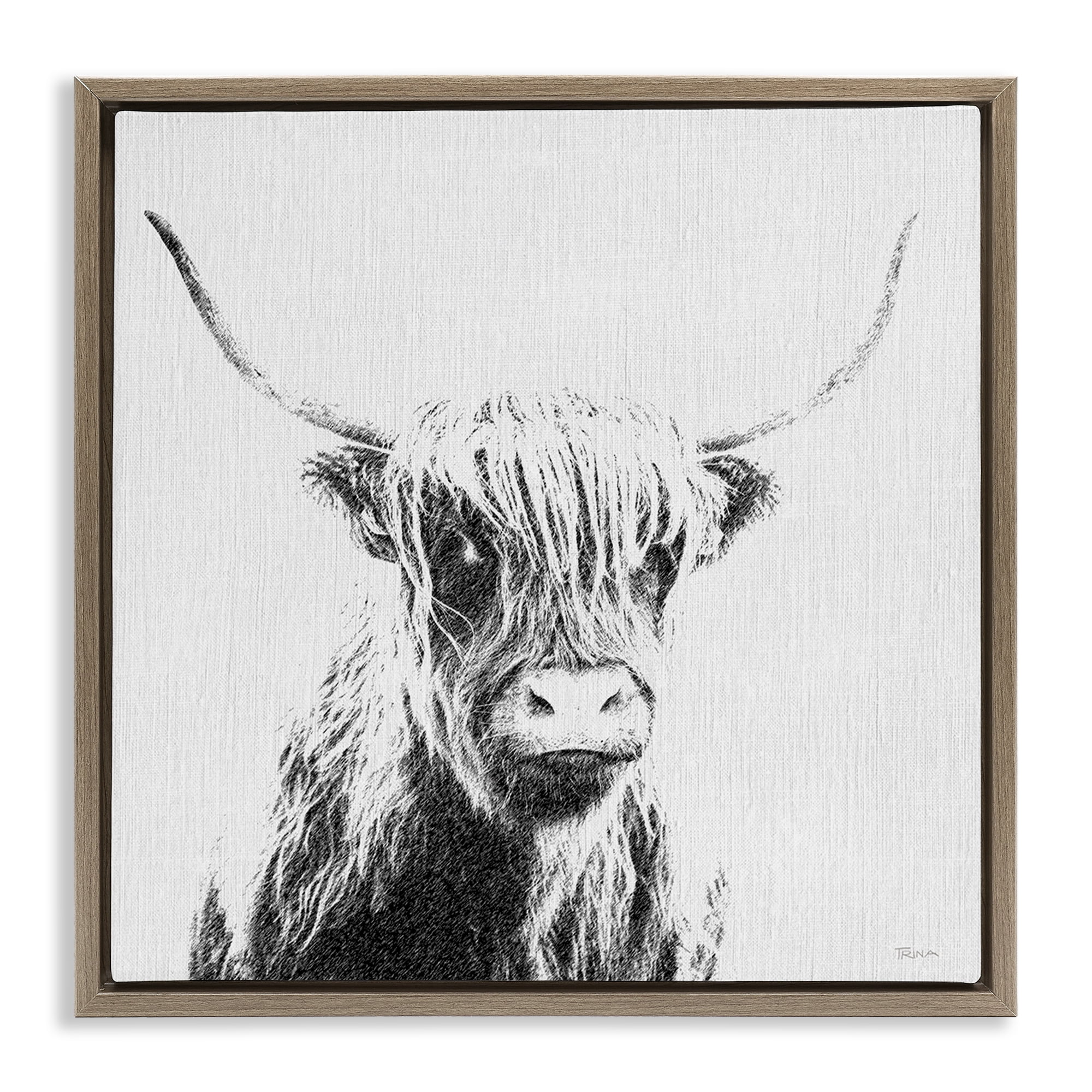 Stupell Industries Longhorn Sketch in Grey Animals Painting Brown Floater Framed Canvas Art Print Wall Art, 18 x 18