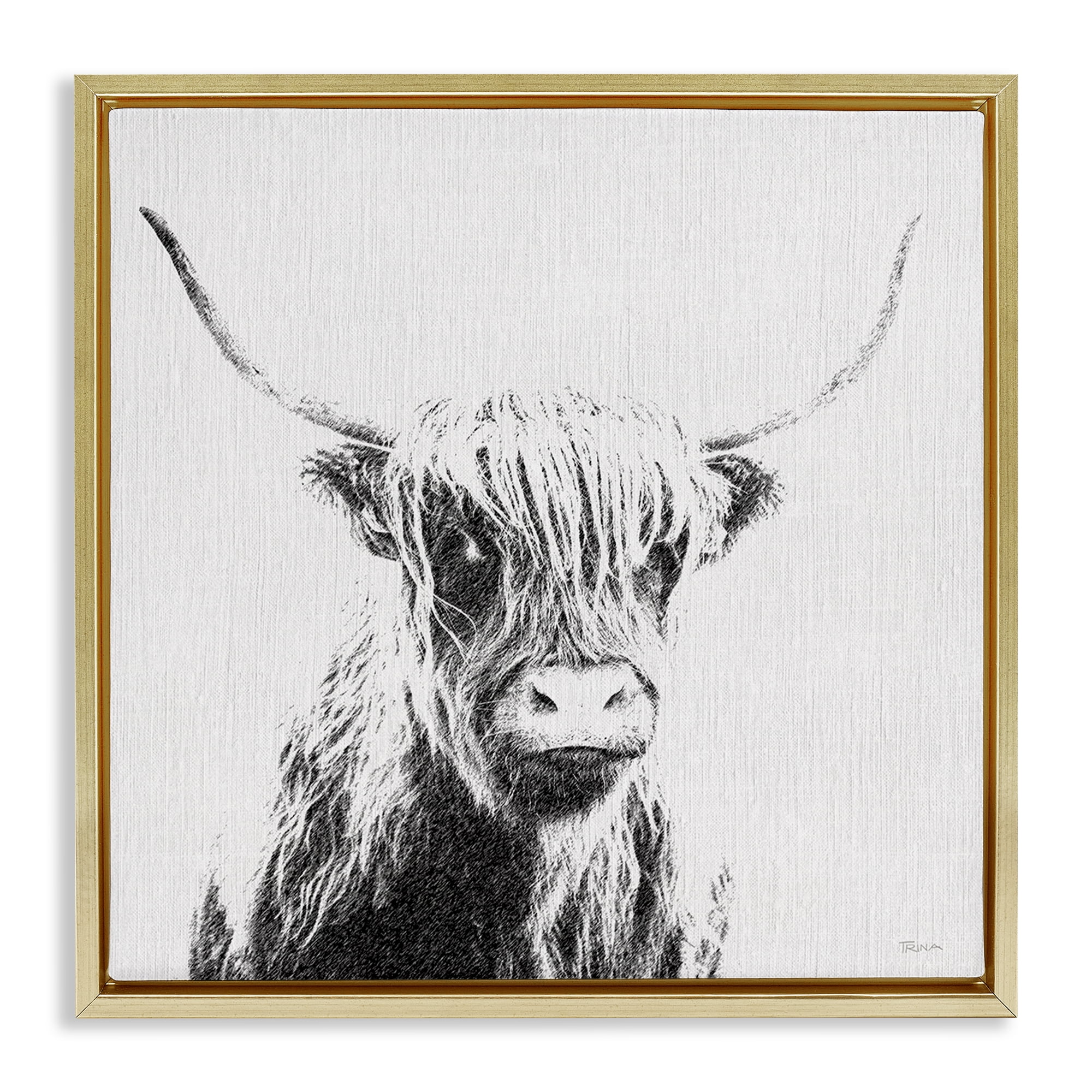Stupell Industries Longhorn Sketch in Grey Animals Painting Gold Floater Framed Canvas Art Print Wall Art, 25 x 25