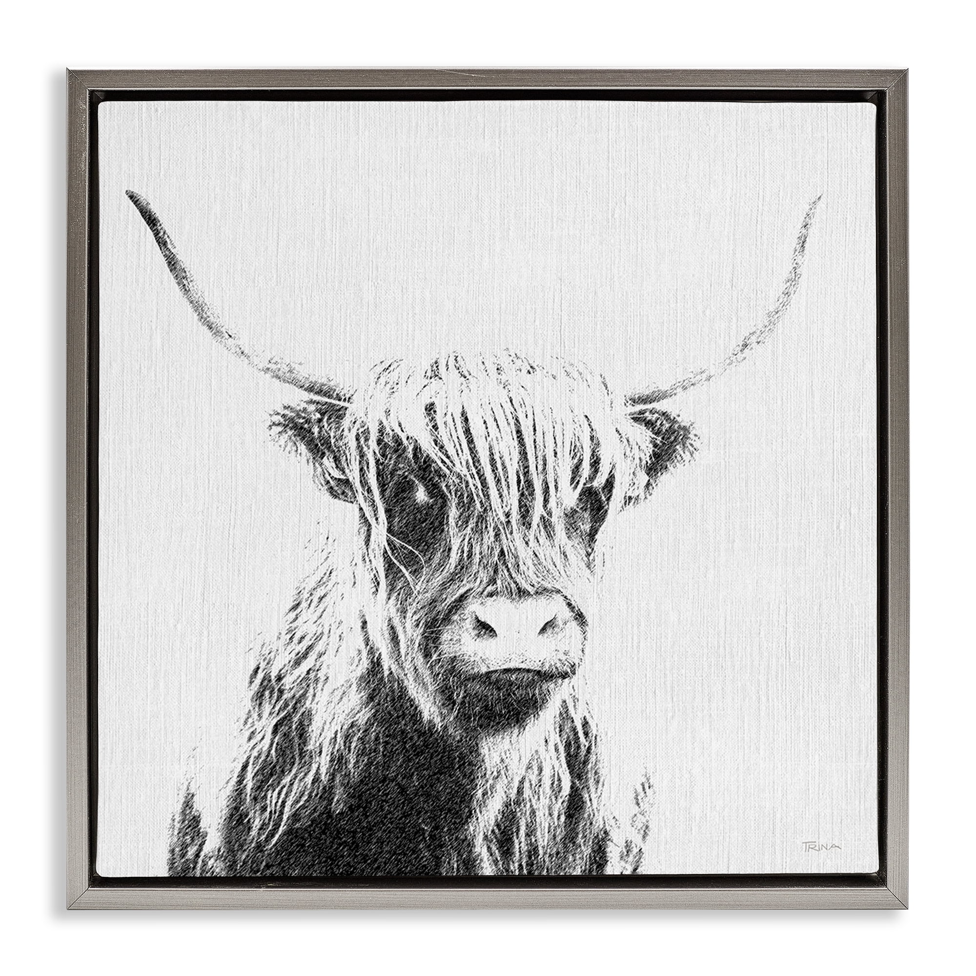Stupell Industries Longhorn Sketch in Grey Animals Painting Gray Floater Framed Canvas Art Print Wall Art, 18 x 18