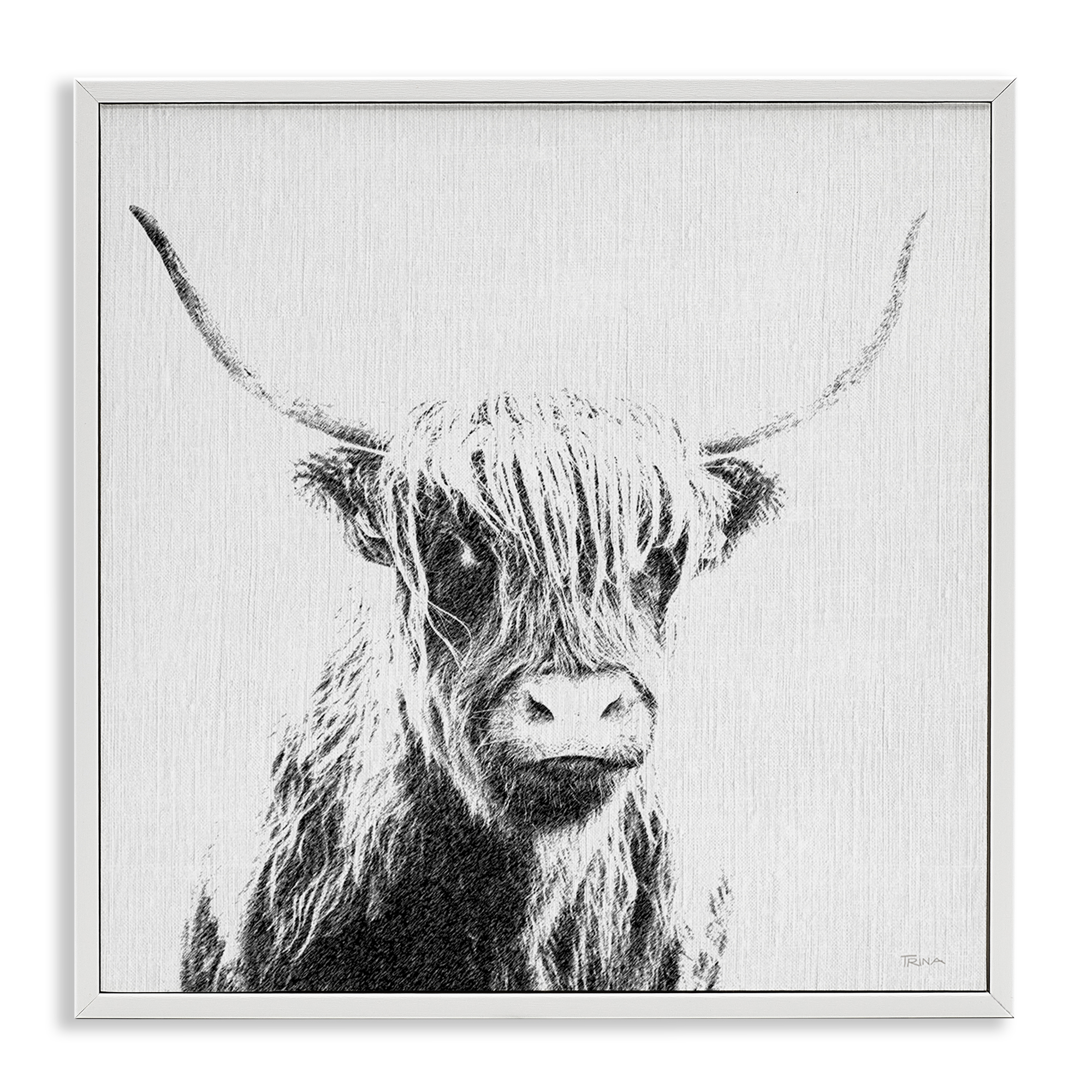 Stupell Industries Longhorn Sketch in Grey Animals Painting White Framed Art Print Wall Art, 12 x 12