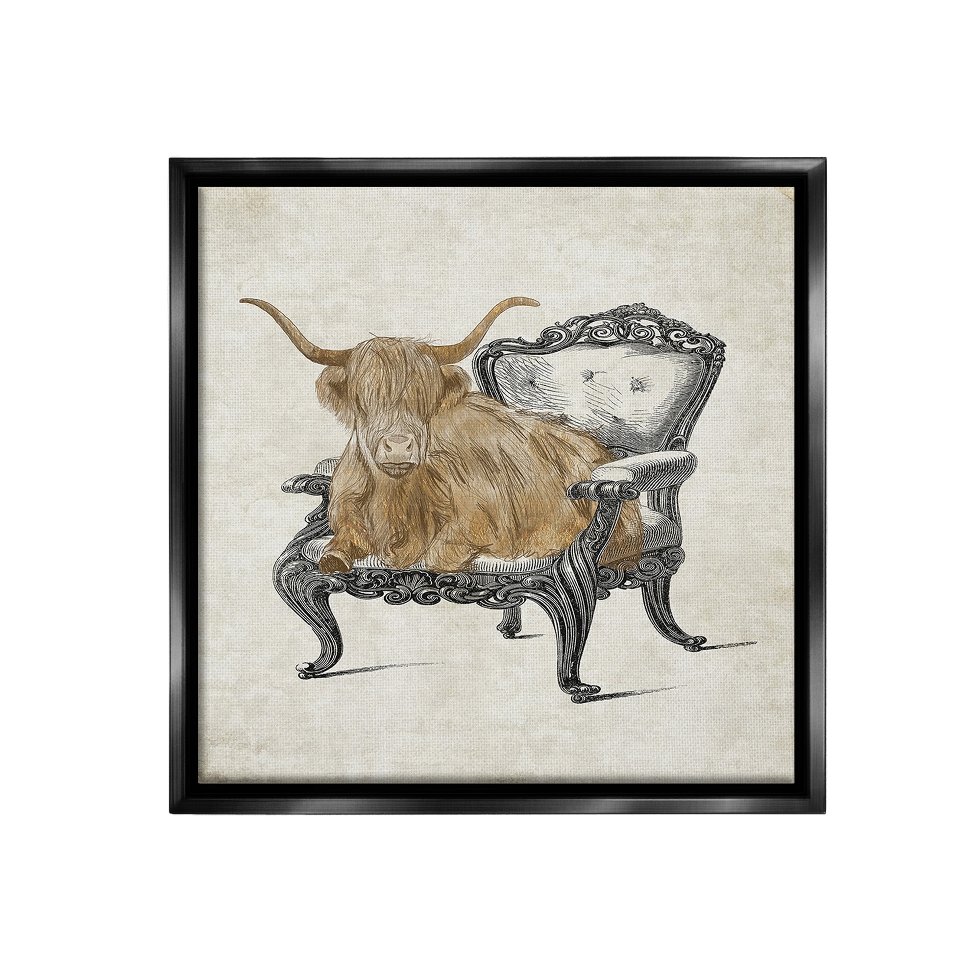 Stupell Industries Longhorn & Vintage Armchair Animals & Insects Painting Black Floater Framed Canvas Art Print Wall Art, 25 x 25