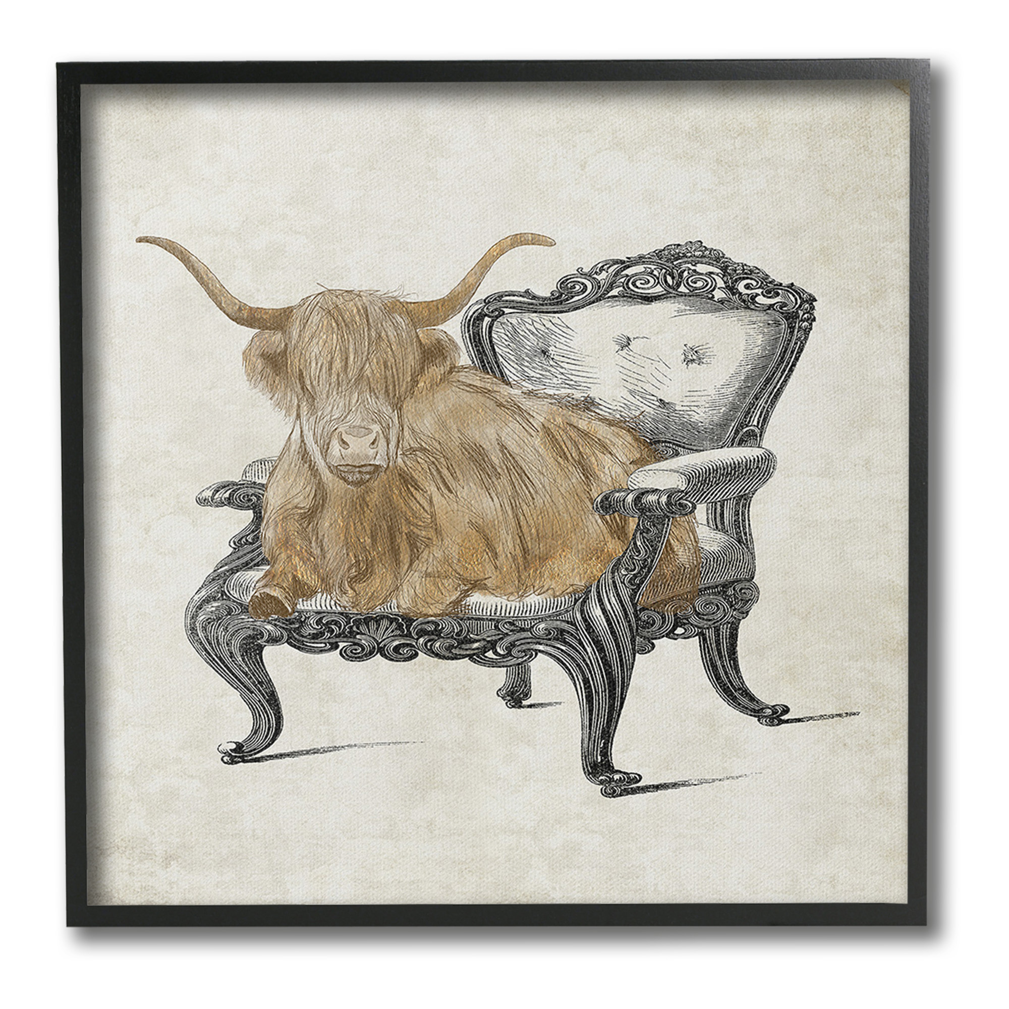Stupell Industries Longhorn & Vintage Armchair Animals & Insects Painting Black Framed Art Print Wall Art, 17 x 17