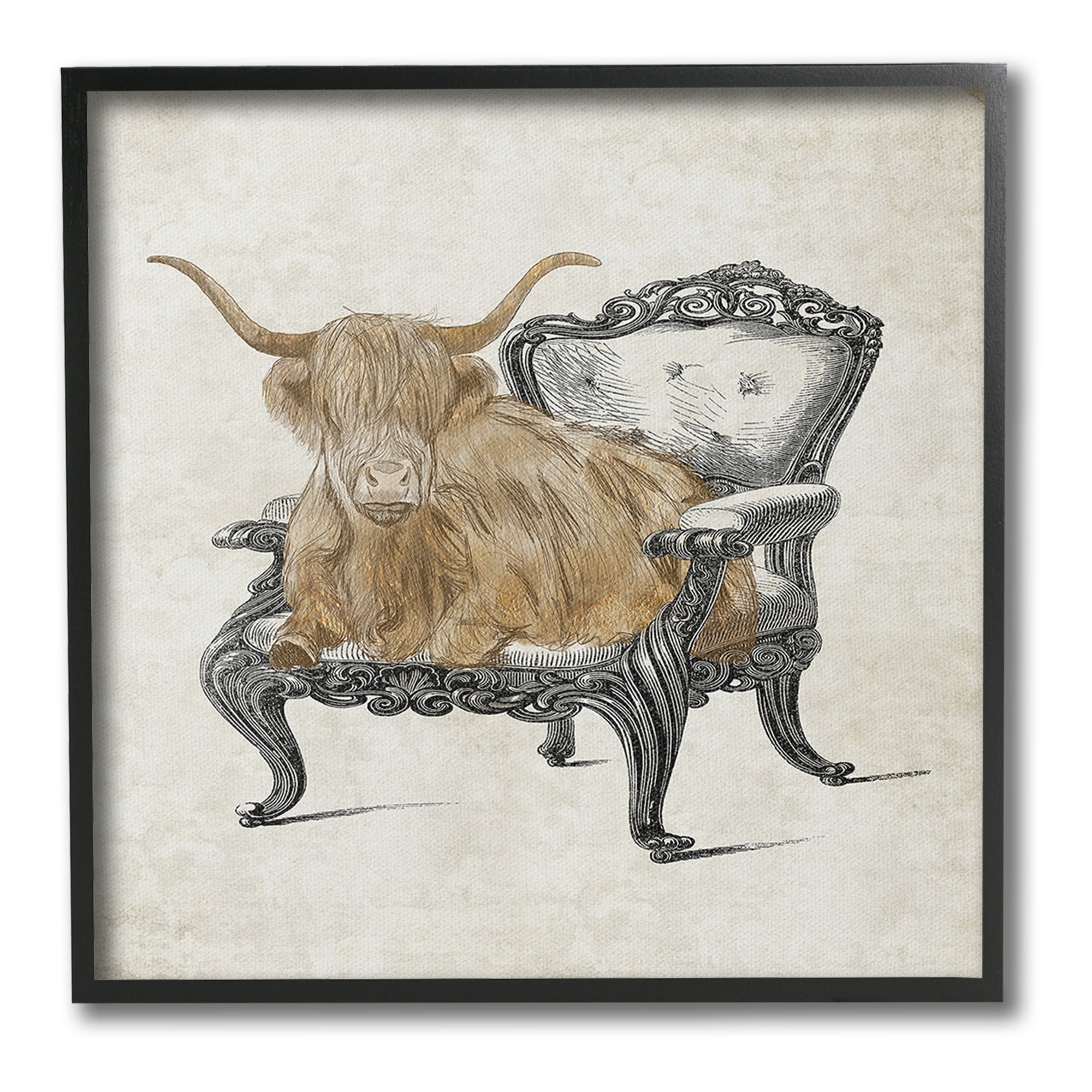 Stupell Industries Longhorn & Vintage Armchair Animals & Insects Painting Black Framed Art Print Wall Art, 24 x 24