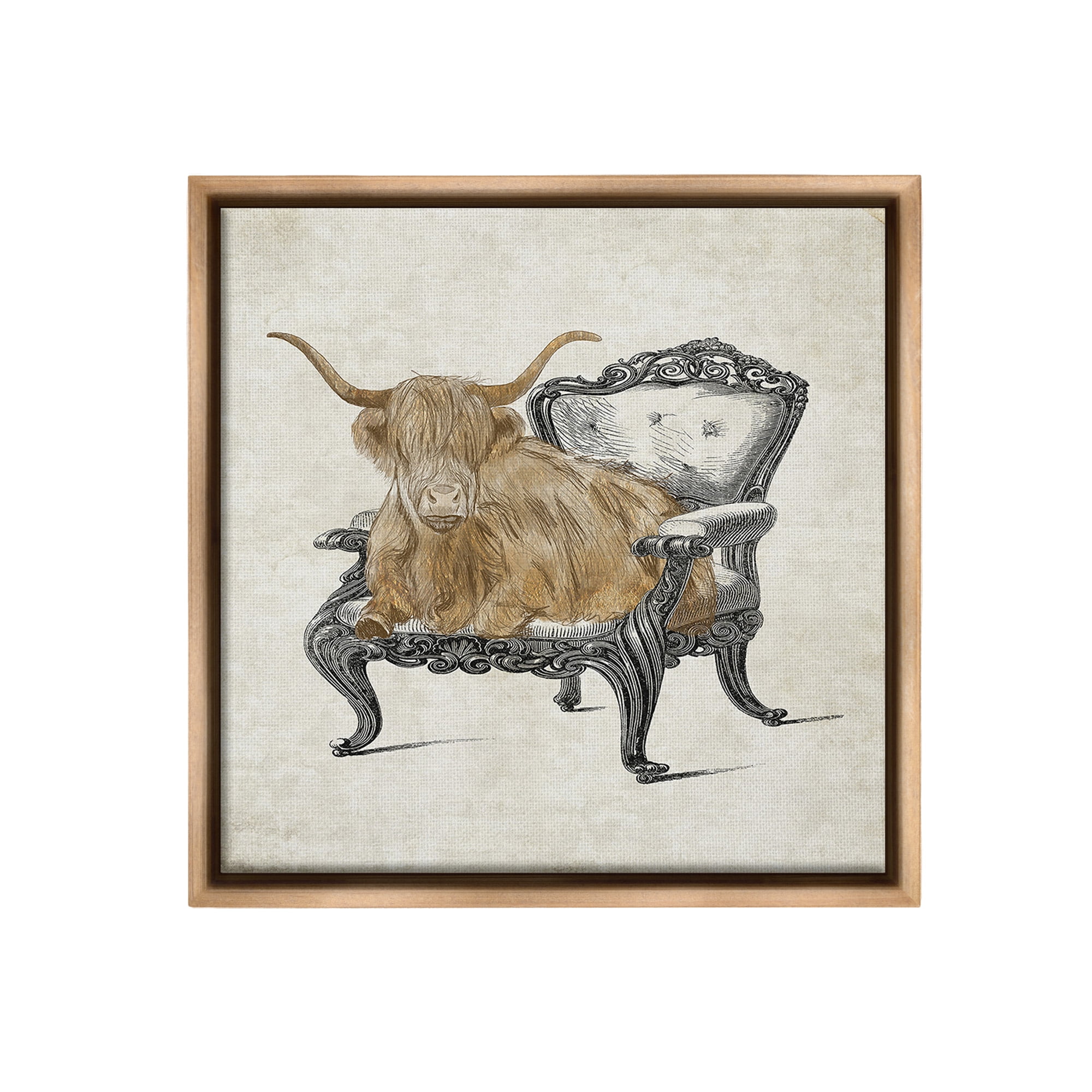 Stupell Industries Longhorn & Vintage Armchair Animals & Insects Painting Brown Floater Framed Canvas Art Print Wall Art, 25 x 25