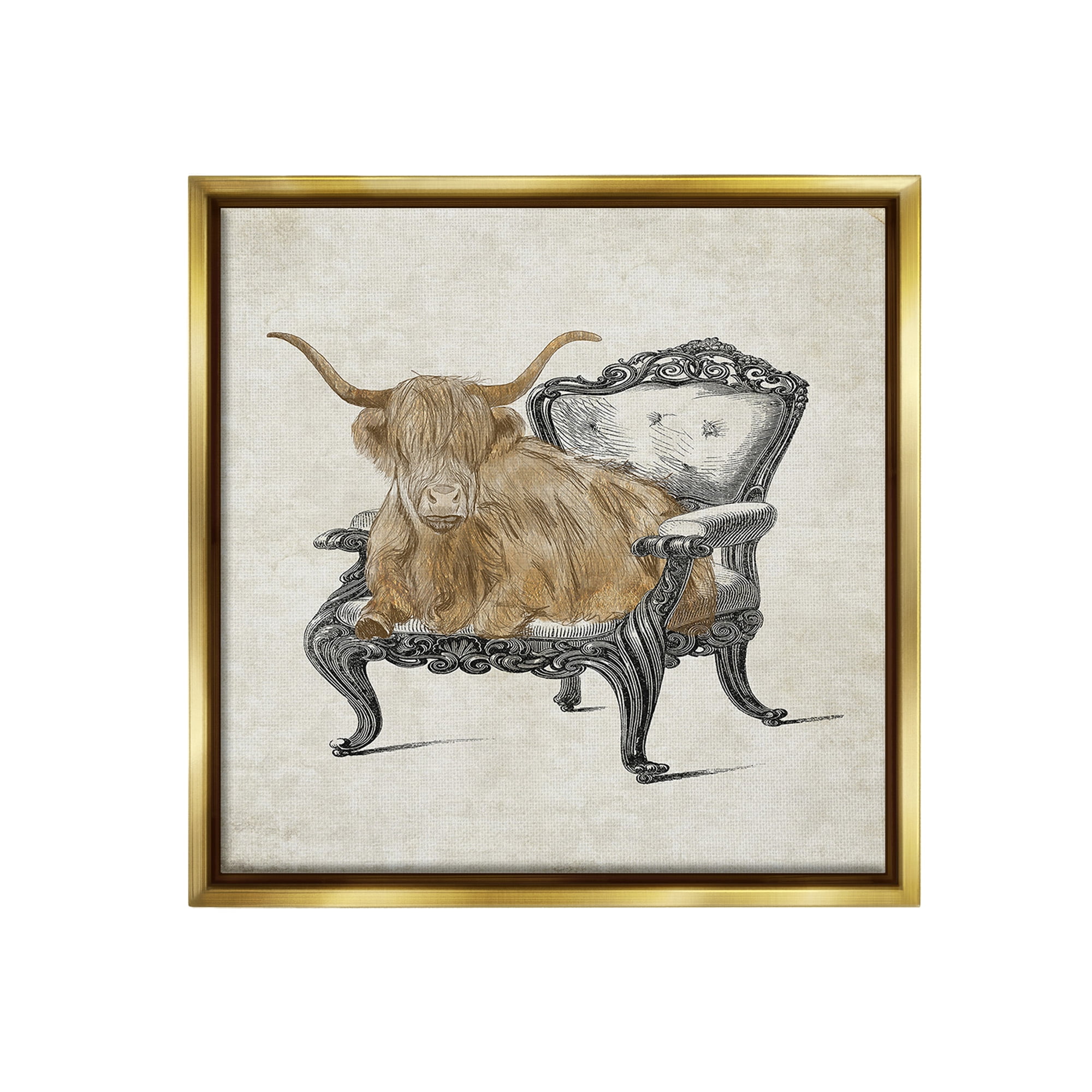 Stupell Industries Longhorn & Vintage Armchair Animals & Insects Painting Gold Floater Framed Canvas Art Print Wall Art, 18 x 18