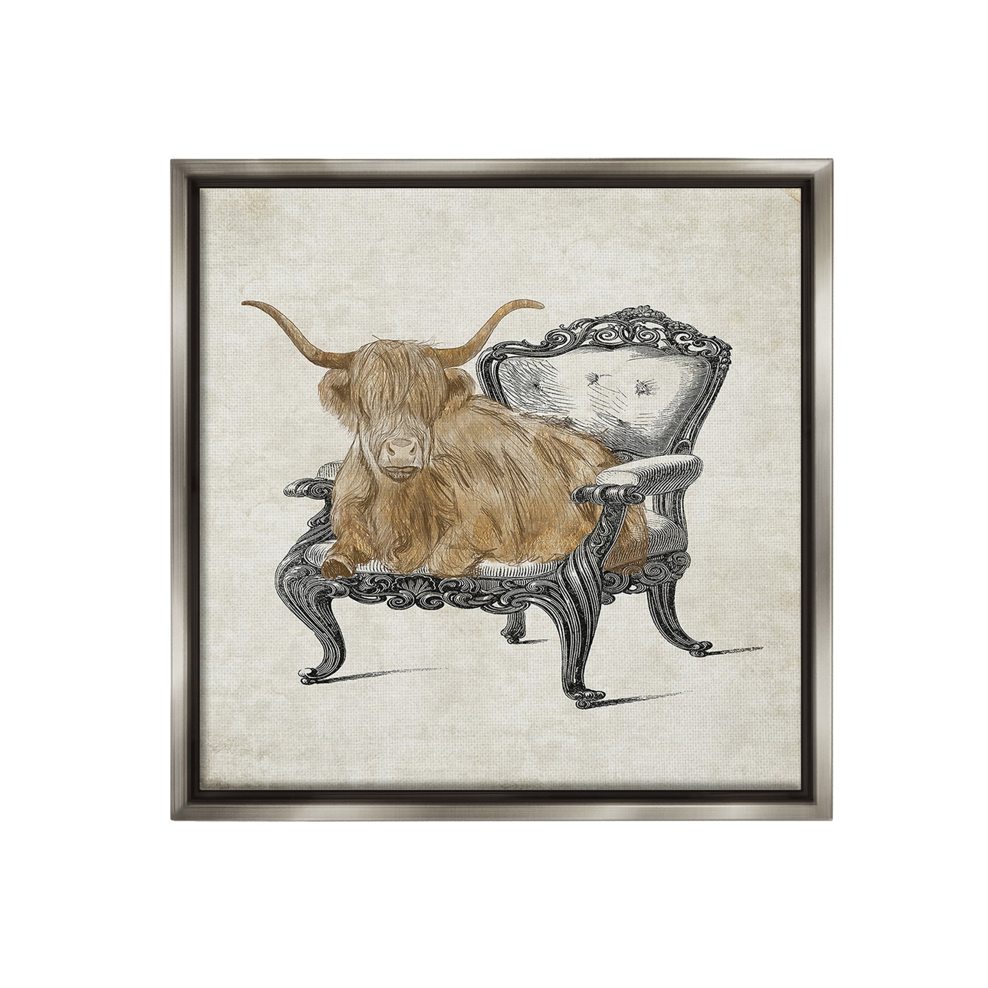 Stupell Industries Longhorn & Vintage Armchair Animals & Insects Painting Gray Floater Framed Canvas Art Print Wall Art, 25 x 25