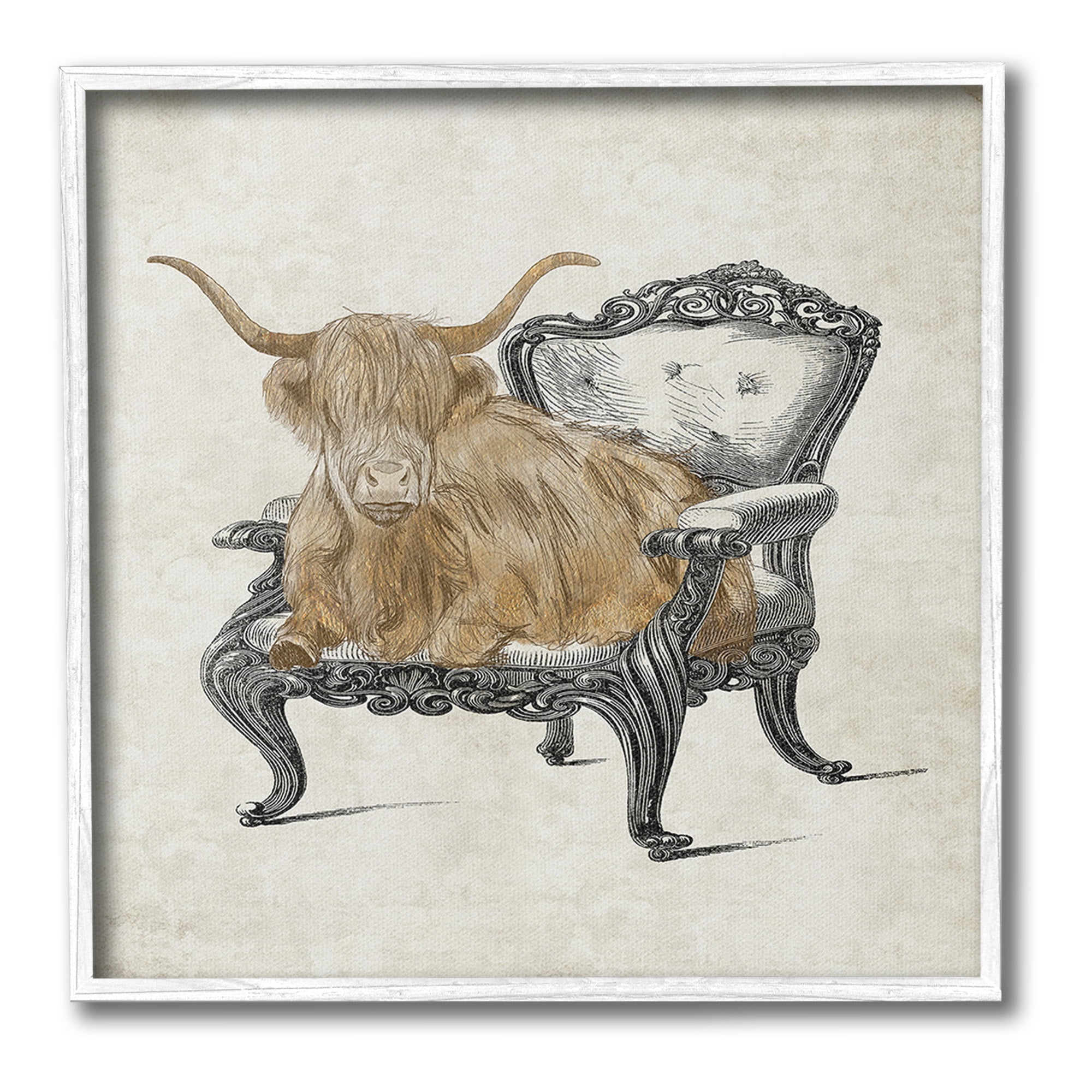 Stupell Industries Longhorn & Vintage Armchair Animals & Insects Painting White Framed Art Print Wall Art, 17 x 17