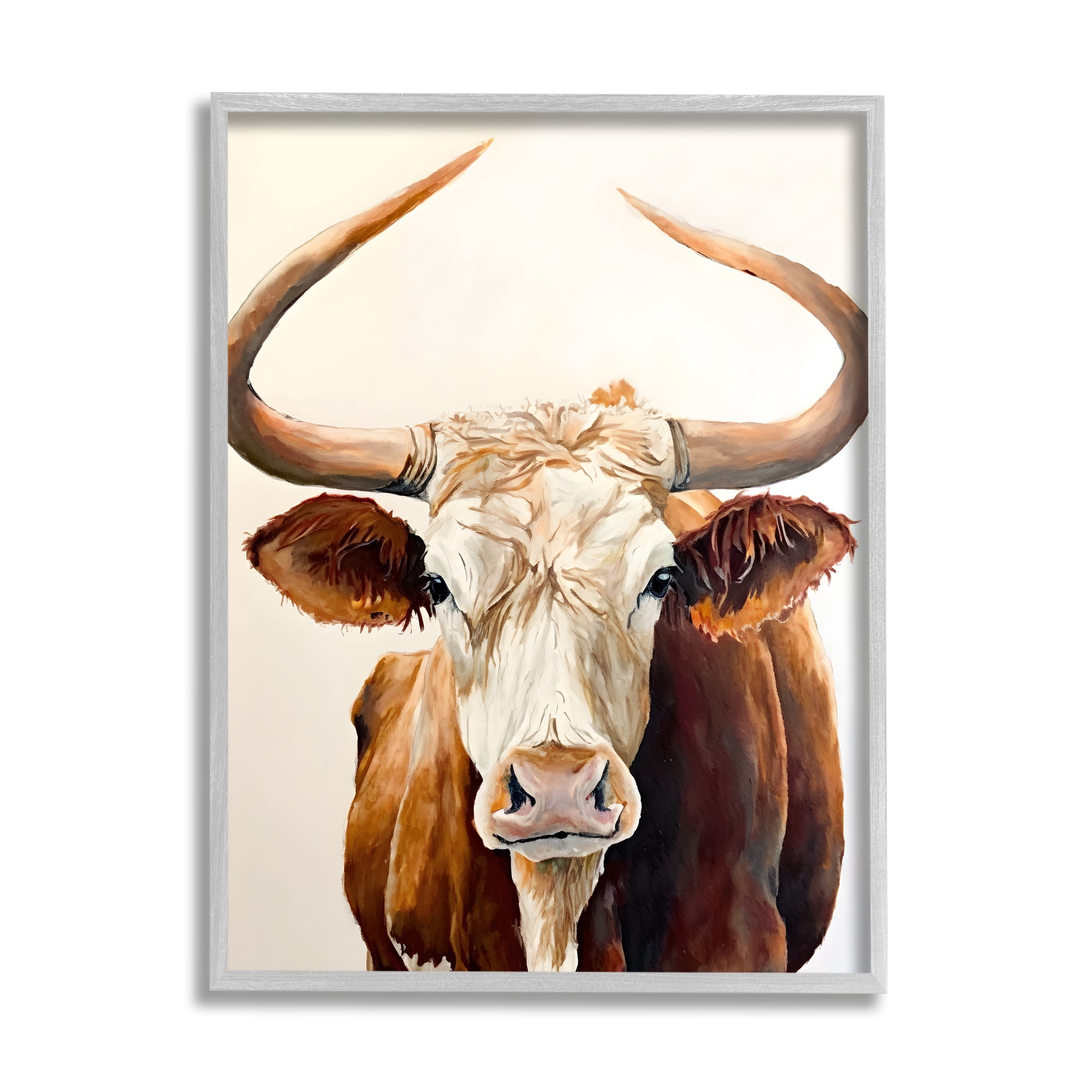 Stupell Industries Longhorn with Curved Horns Animals & Insects Painting Gray Framed Art Print Wall Art, 16 x 20